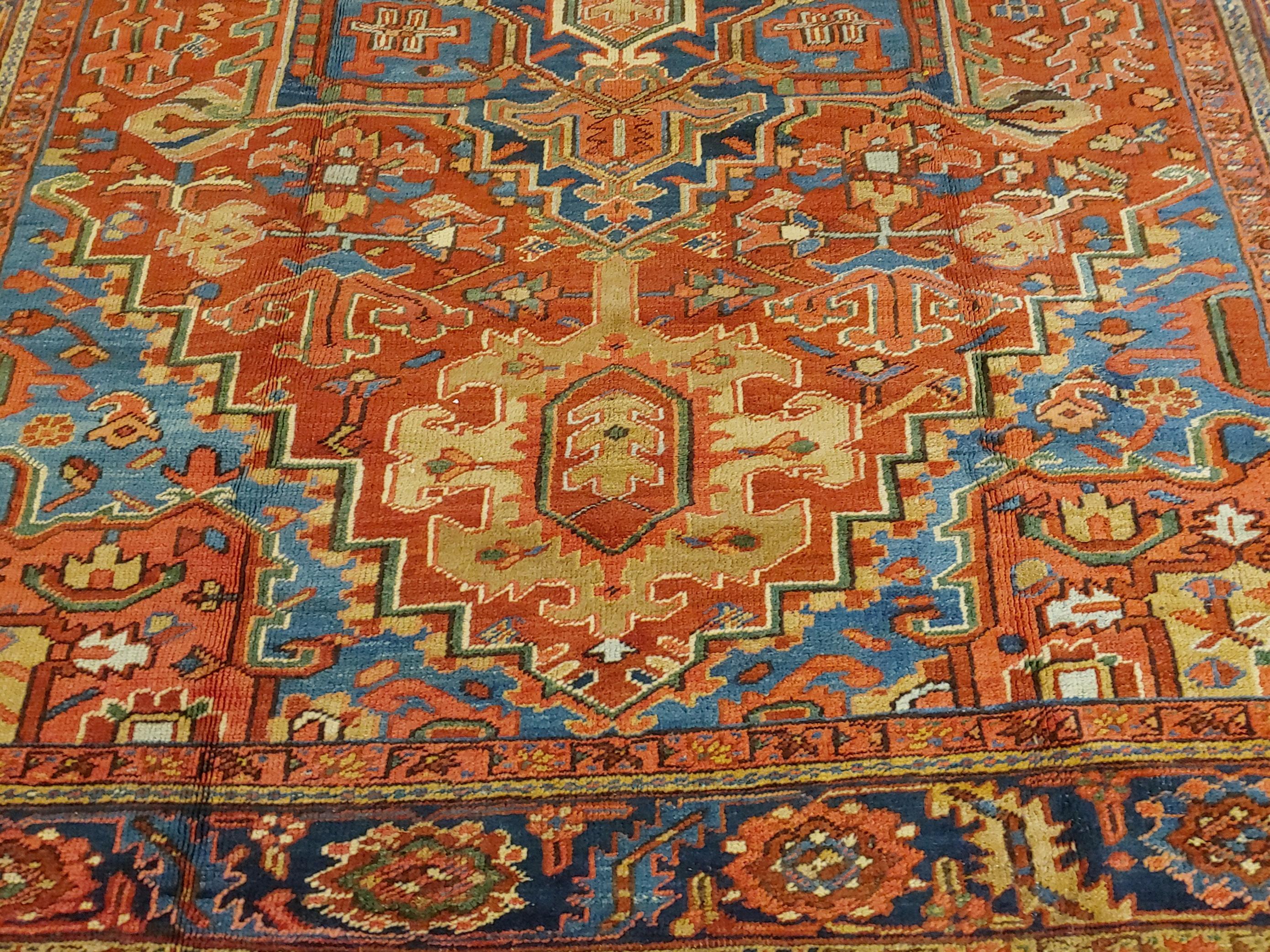 Heriz Serapi Antique Persian Heriz, Geometric Serapi Design, Rust Blue, Wool, Room Size, 1915 For Sale