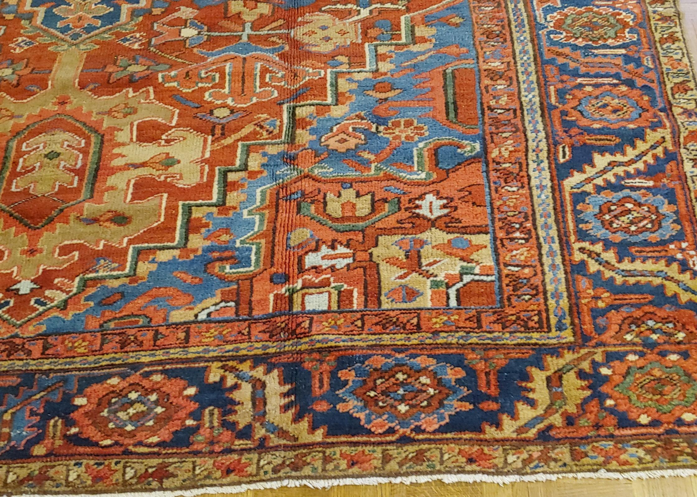 Woven Antique Persian Heriz, Geometric Serapi Design, Rust Blue, Wool, Room Size, 1915 For Sale