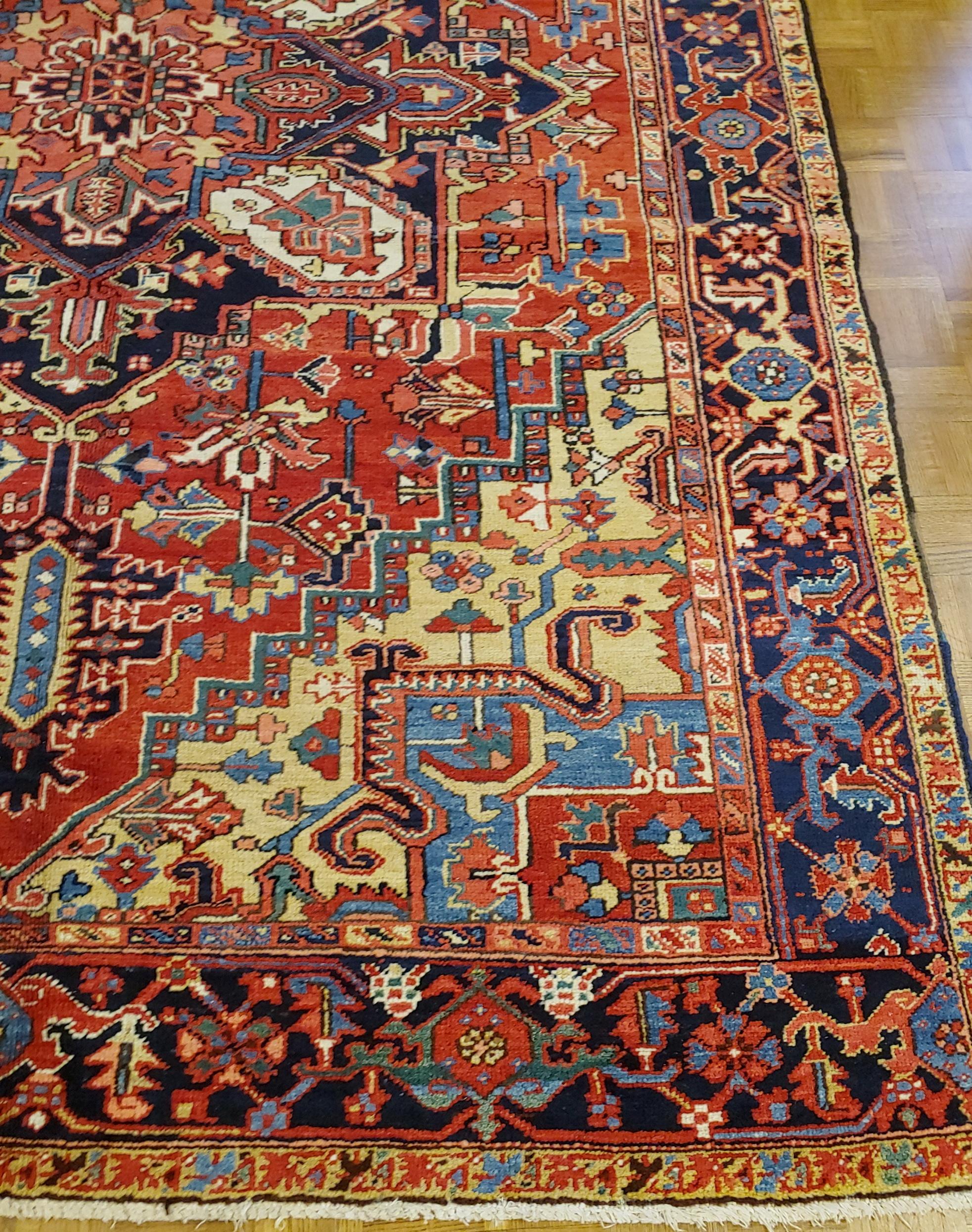 Woven Antique Persian Heriz, Geometric Serapi Design, Rust Blue, Wool, Room Size, 1915 For Sale