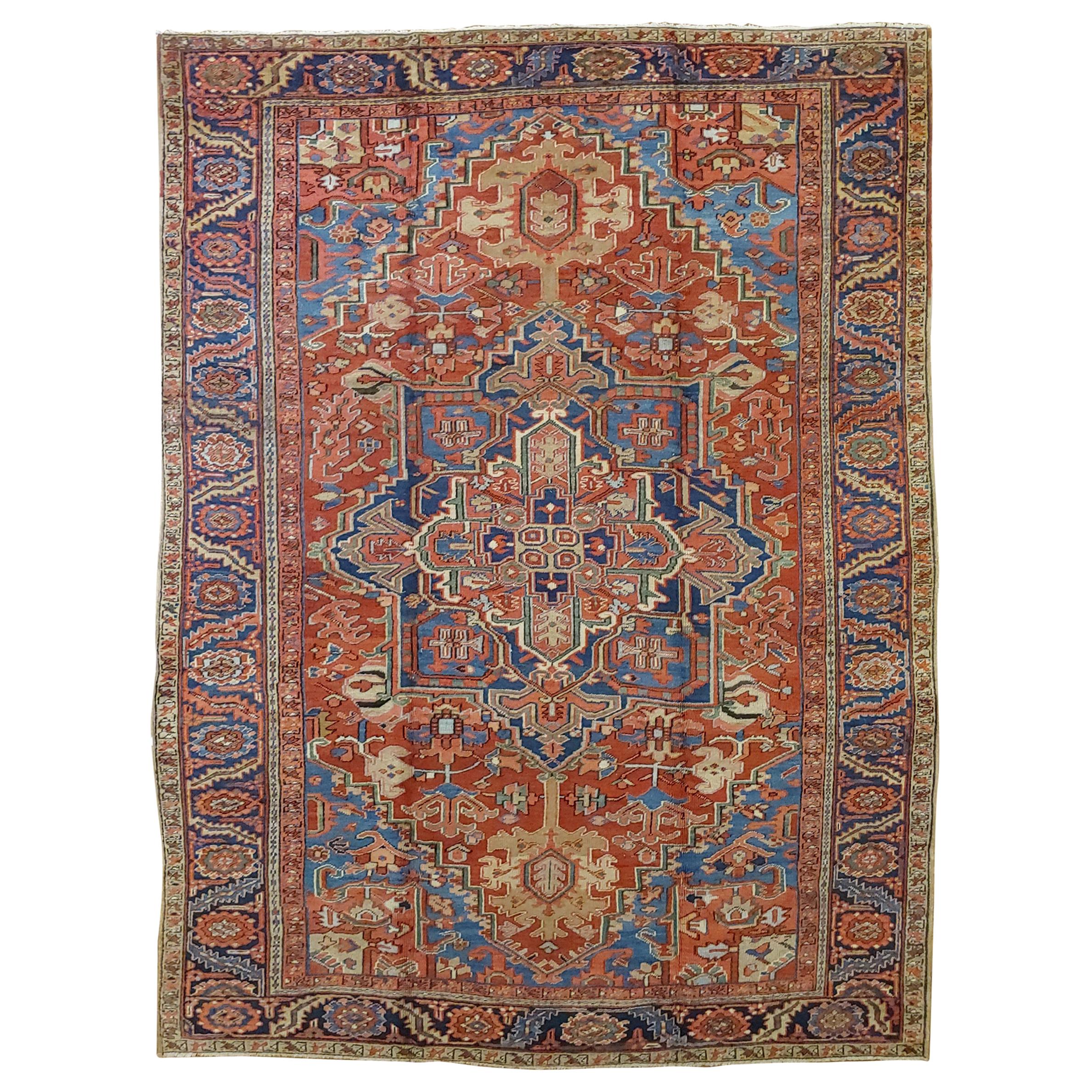 Antique Persian Heriz, Geometric Serapi Design, Rust Blue, Wool, Room Size, 1915 For Sale