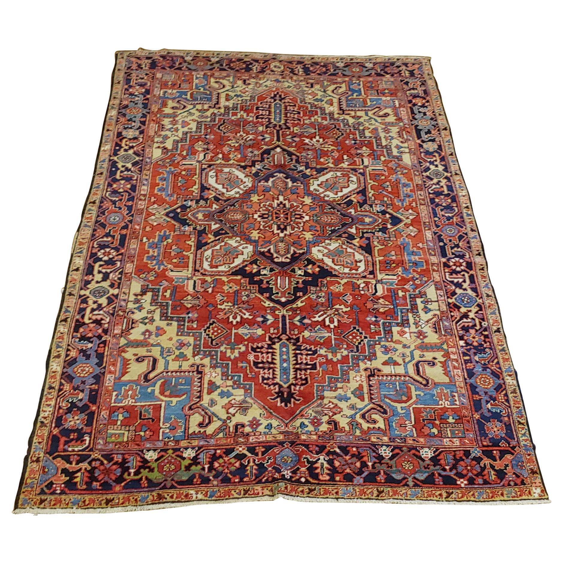 Antique Persian Heriz, Geometric Serapi Design, Rust Blue, Wool, Room Size, 1915 For Sale