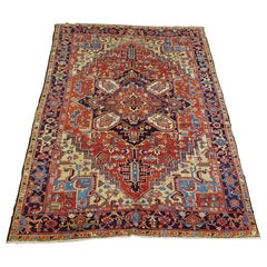 Antique Persian Heriz, Geometric Serapi Design, Rust Blue, Wool, Room Size, 1915
