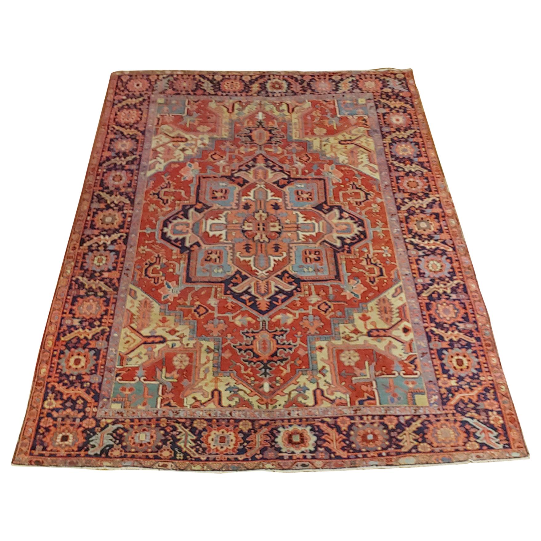 Antique Persian Heriz, Geometric Serapi Design, Rust Gold Blue, Wool ...