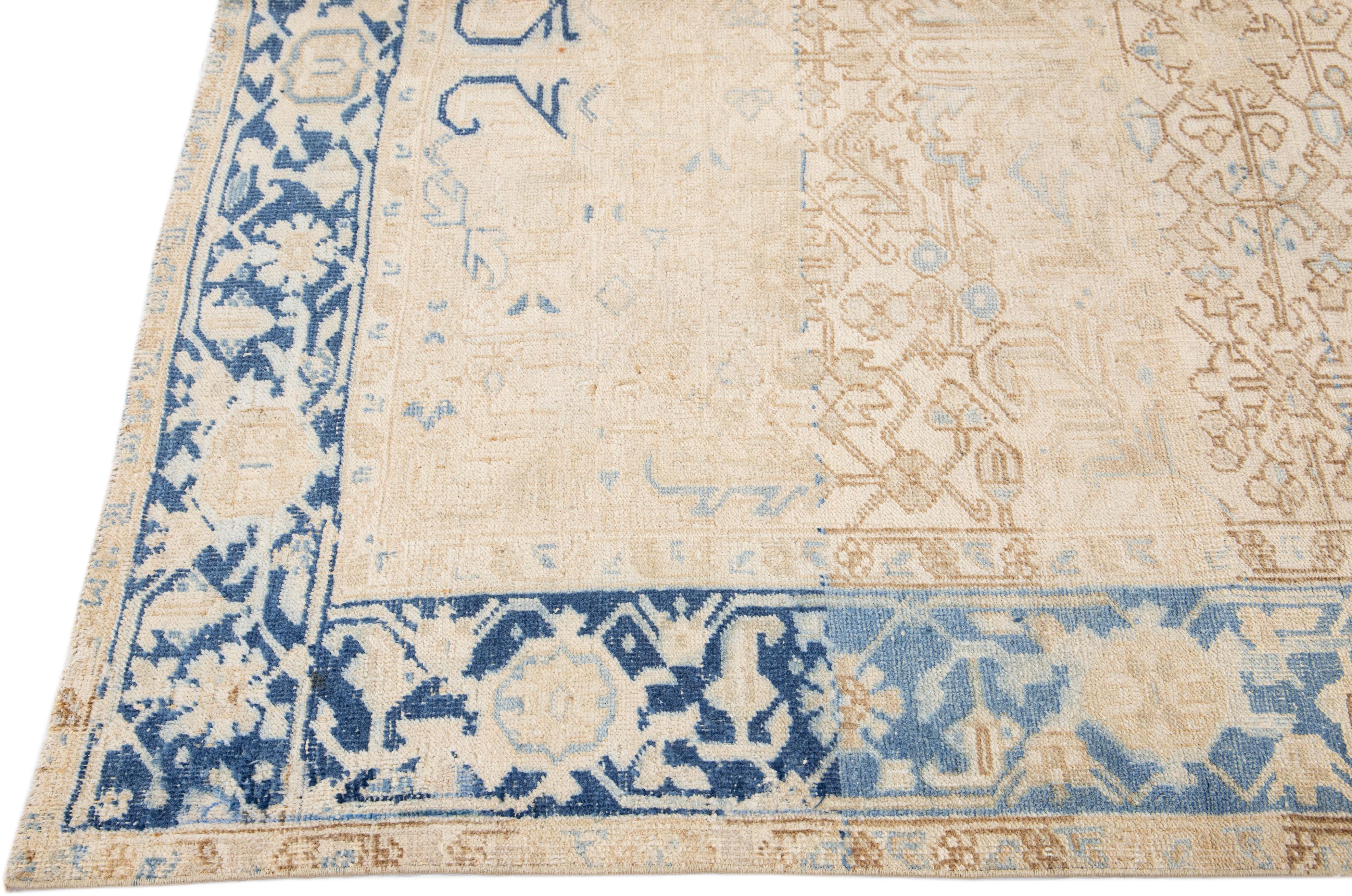 Hand-Knotted Antique Persian Heriz Handmade Allover Beige & Blue Square Wool Rug For Sale