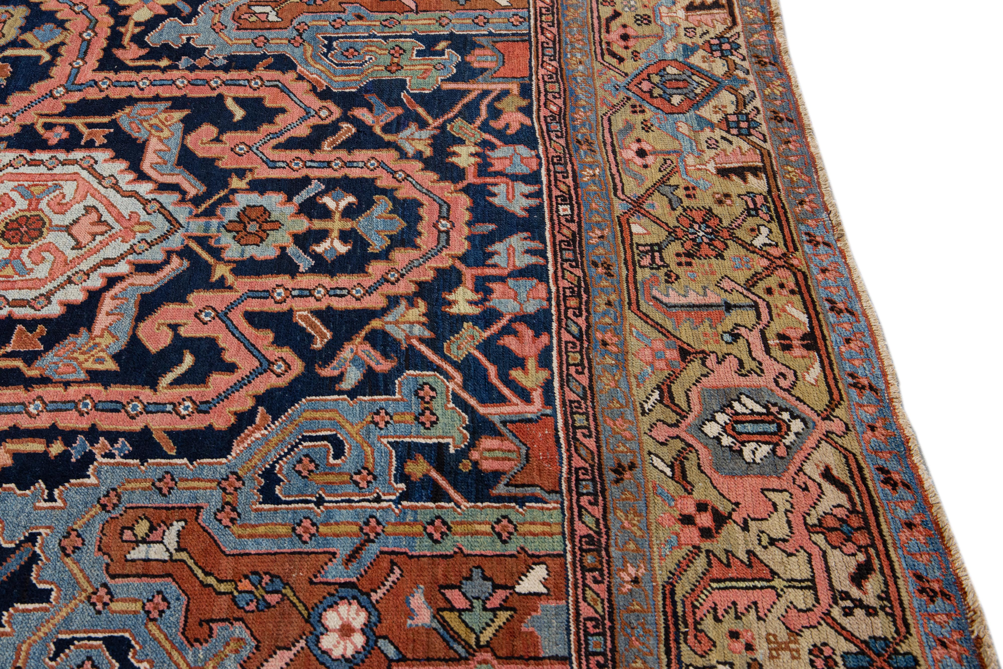 Antique Persian Heriz Handmade Allover Designed Blue Wool Rug For Sale 4