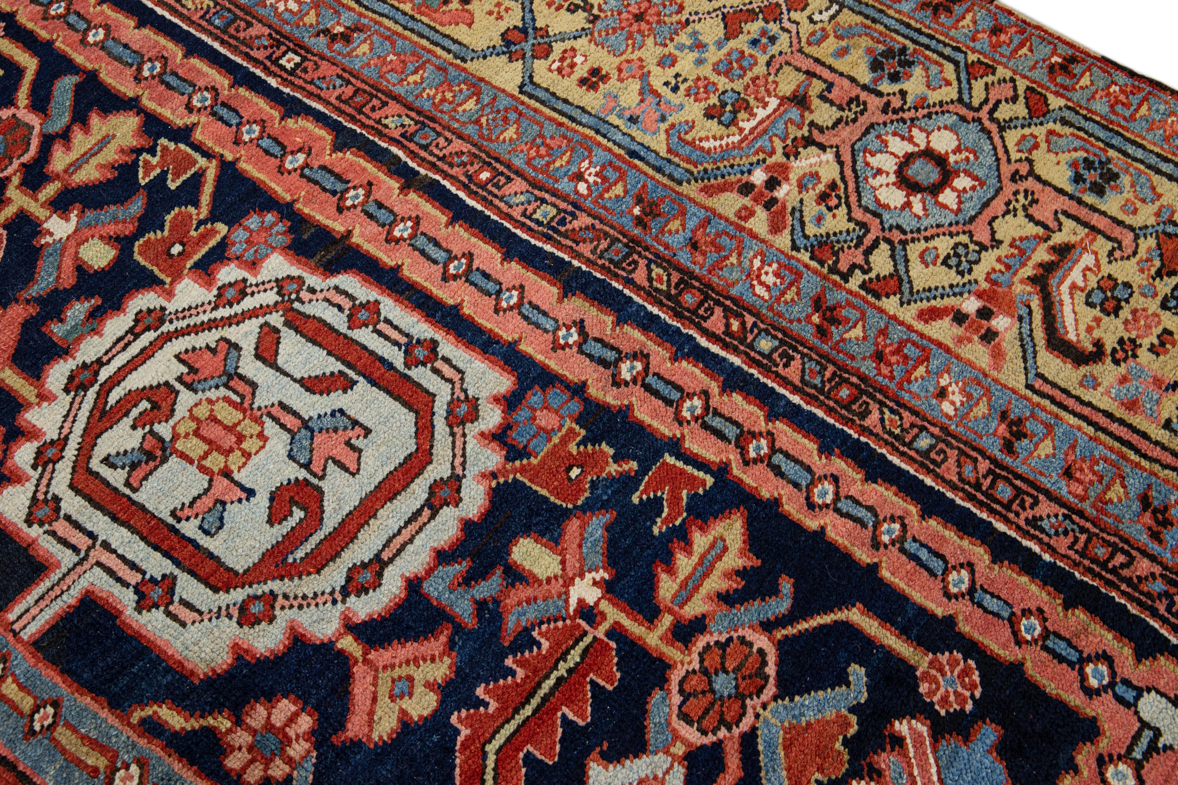 Antique Persian Heriz Handmade Allover Designed Blue Wool Rug For Sale 5