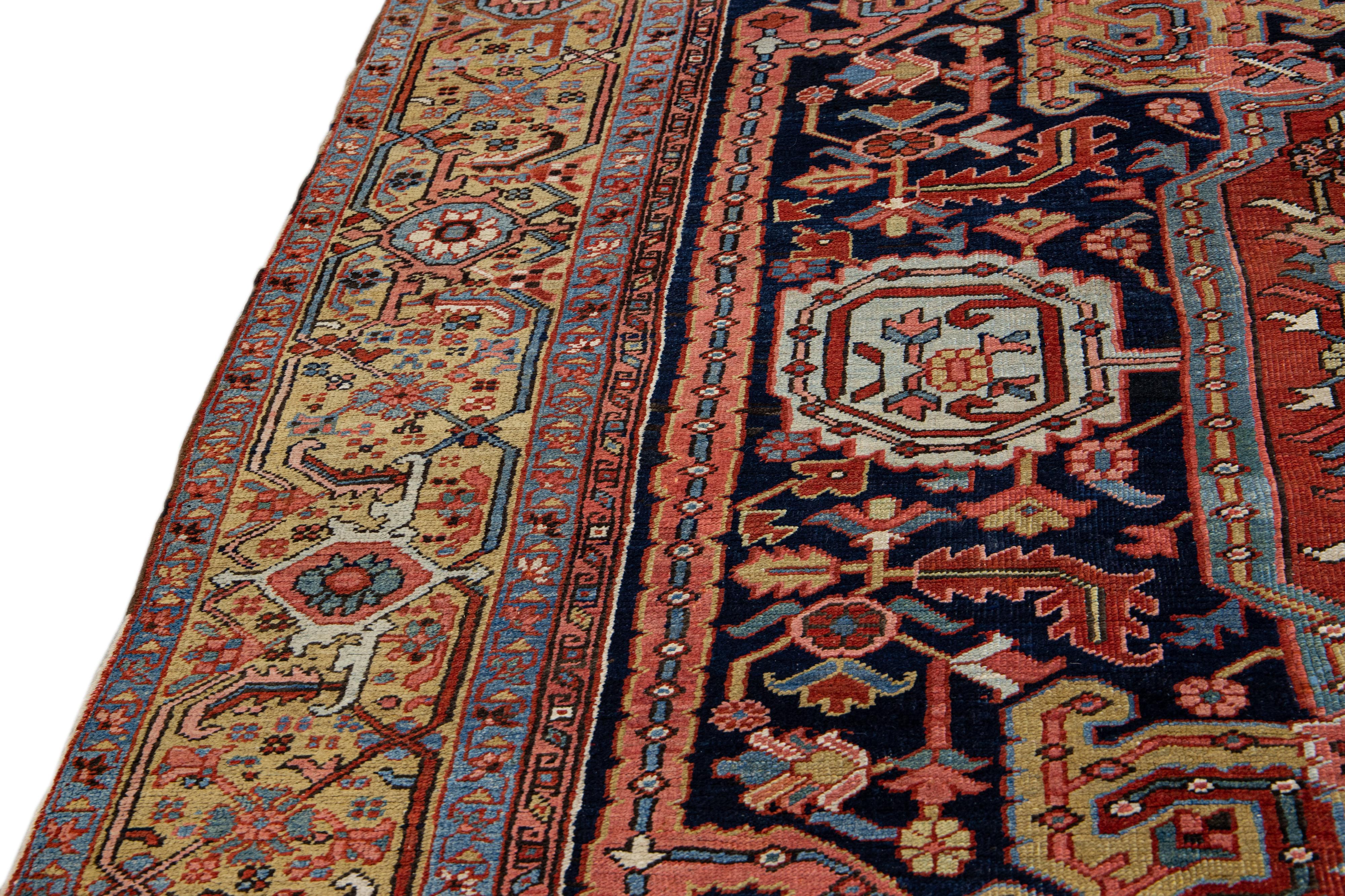 Antique Persian Heriz Handmade Allover Designed Blue Wool Rug For Sale 6