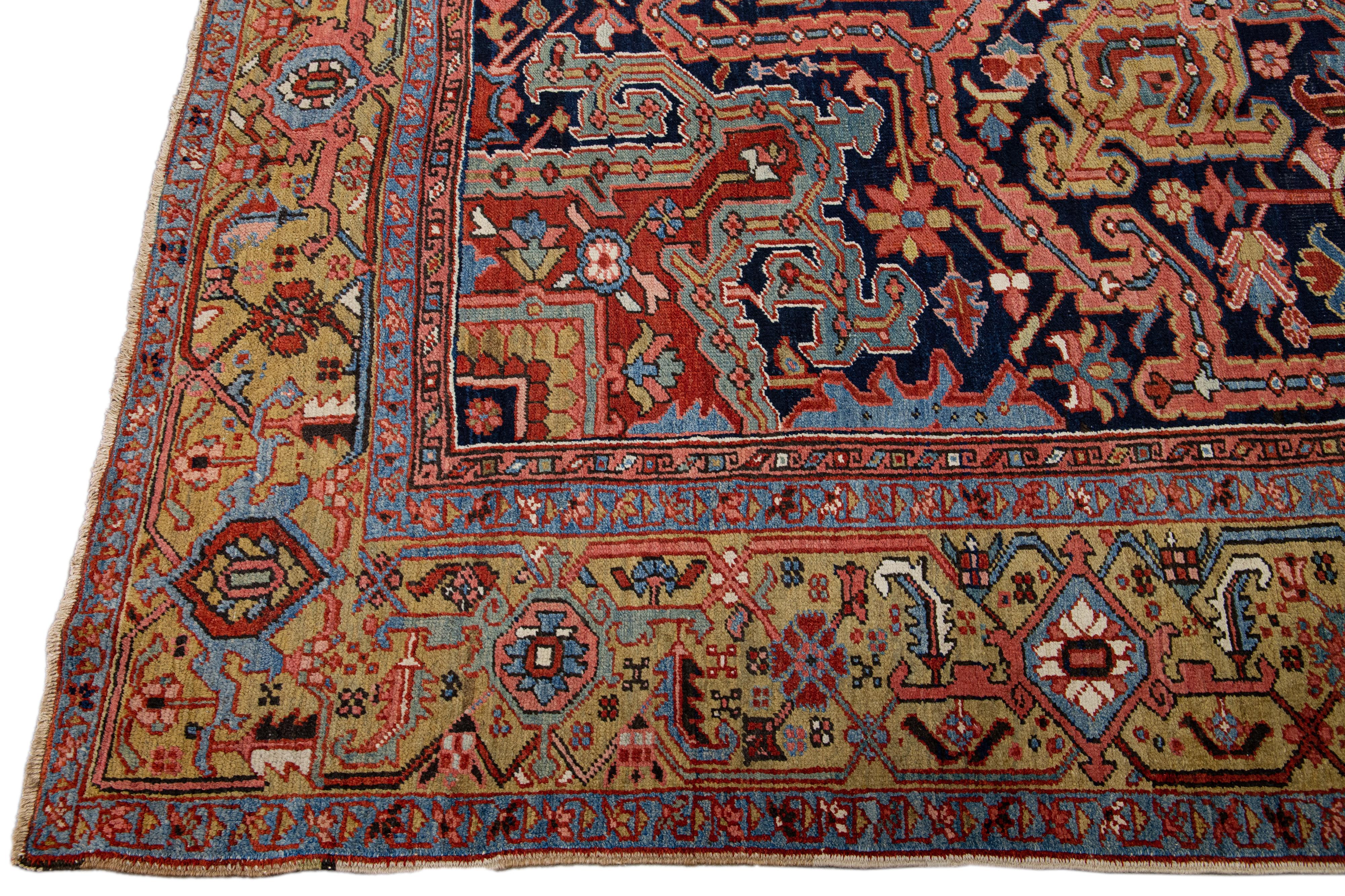 Hand-Knotted Antique Persian Heriz Handmade Allover Designed Blue Wool Rug For Sale