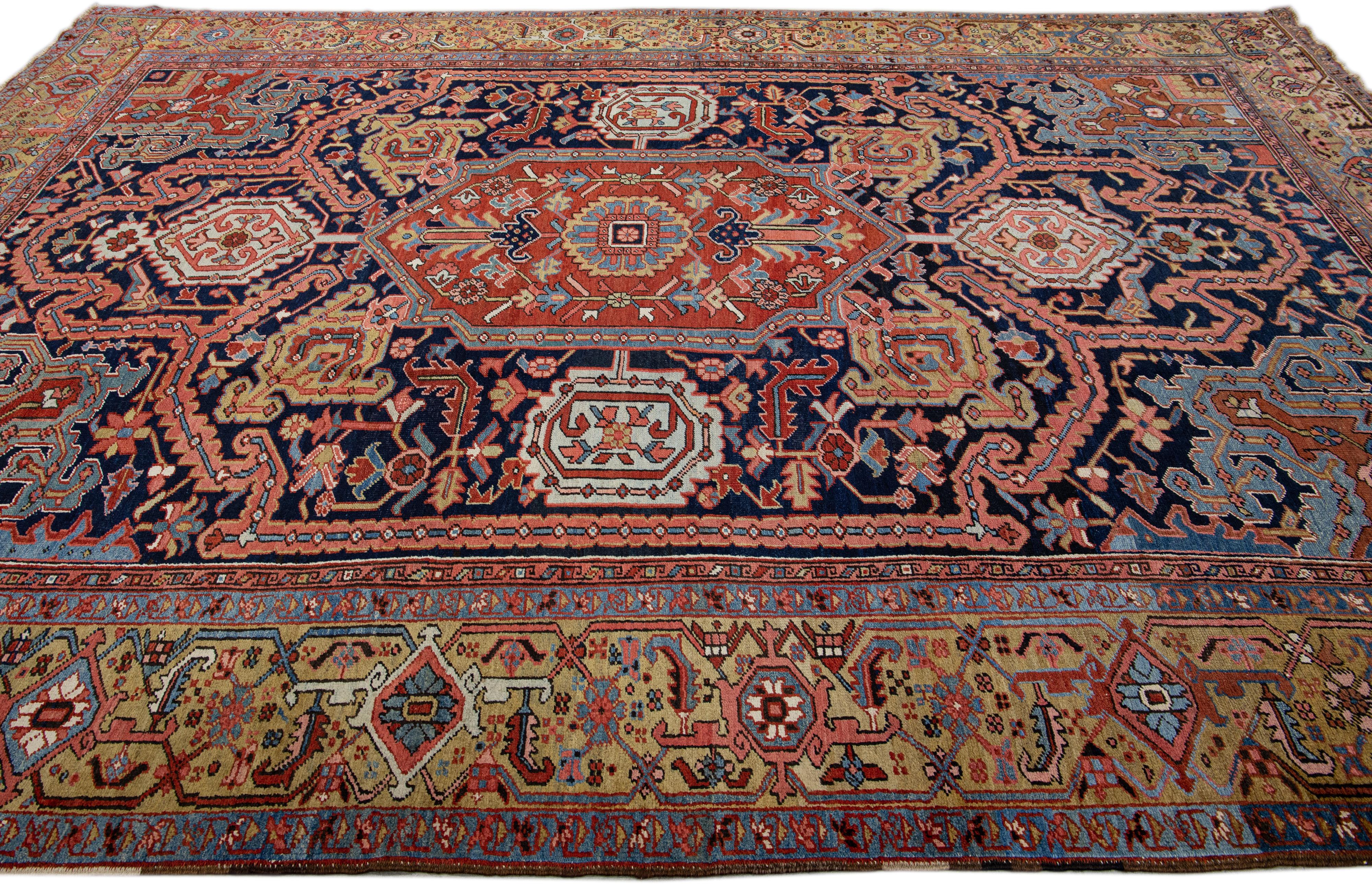 Antique Persian Heriz Handmade Allover Designed Blue Wool Rug In Good Condition For Sale In Norwalk, CT