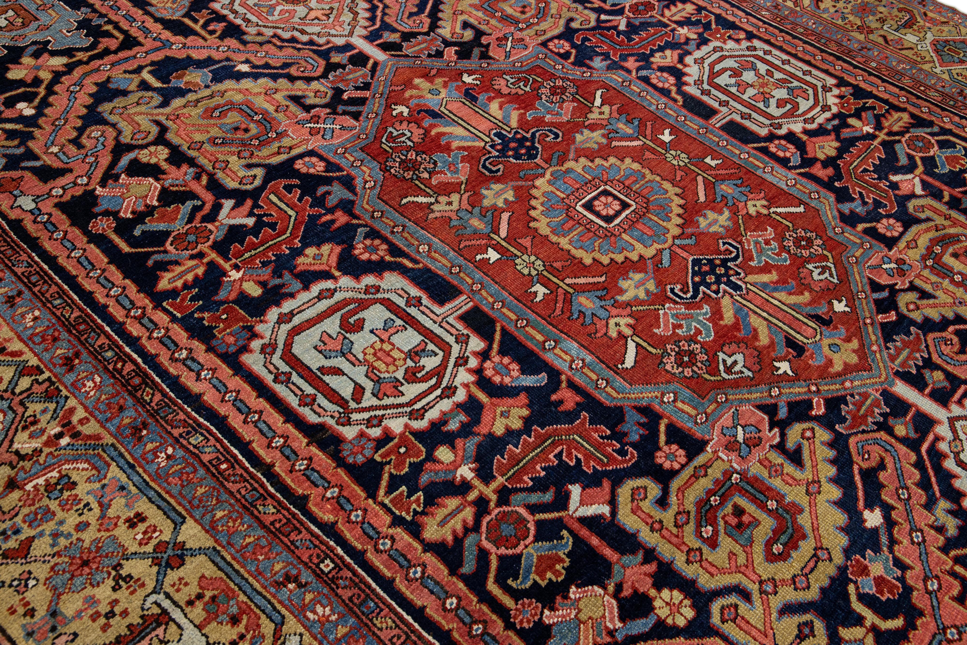 Antique Persian Heriz Handmade Allover Designed Blue Wool Rug For Sale 3