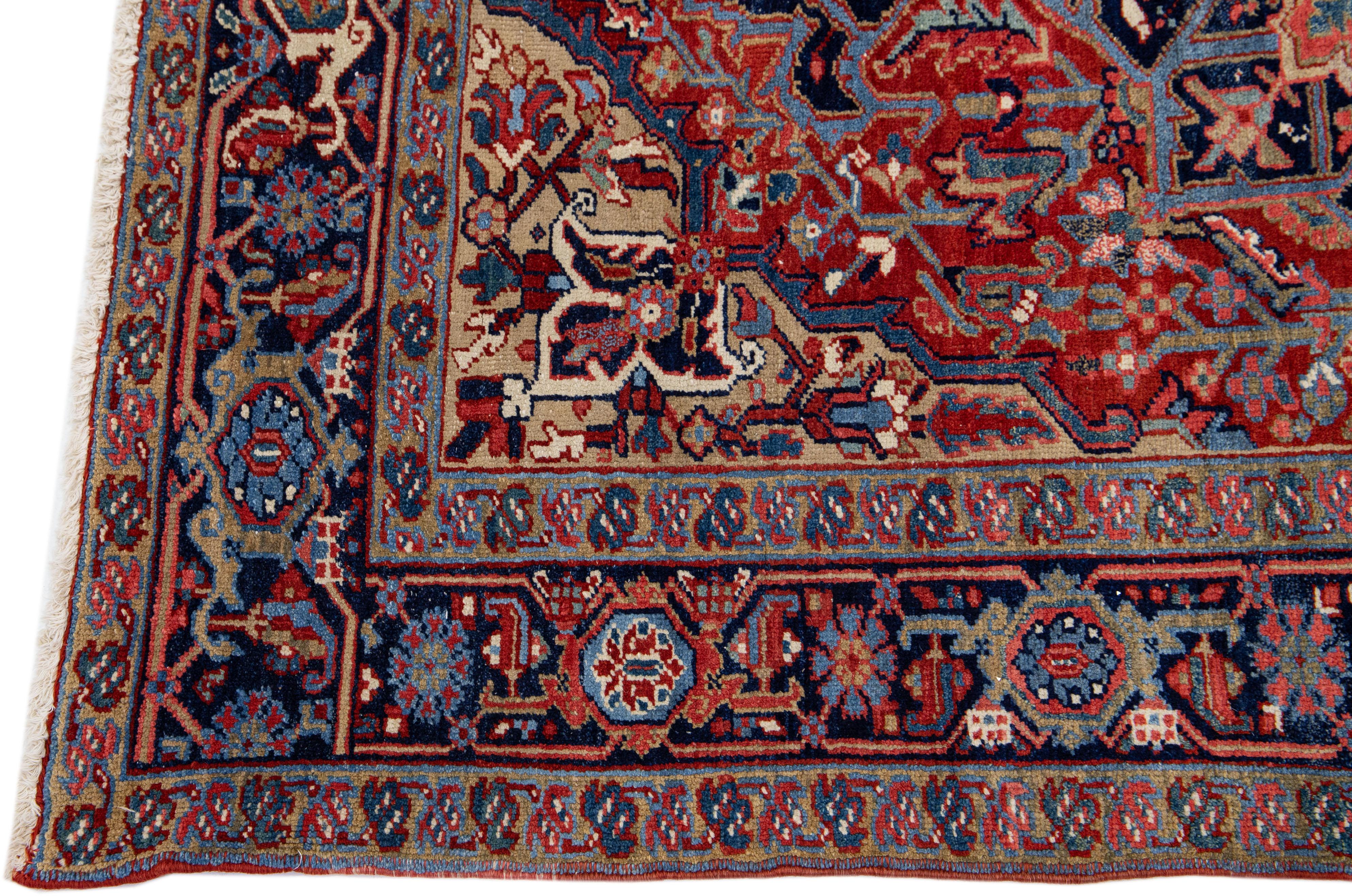 Hand-Knotted Antique Persian Heriz Handmade Allover Designed Red Wool Rug For Sale