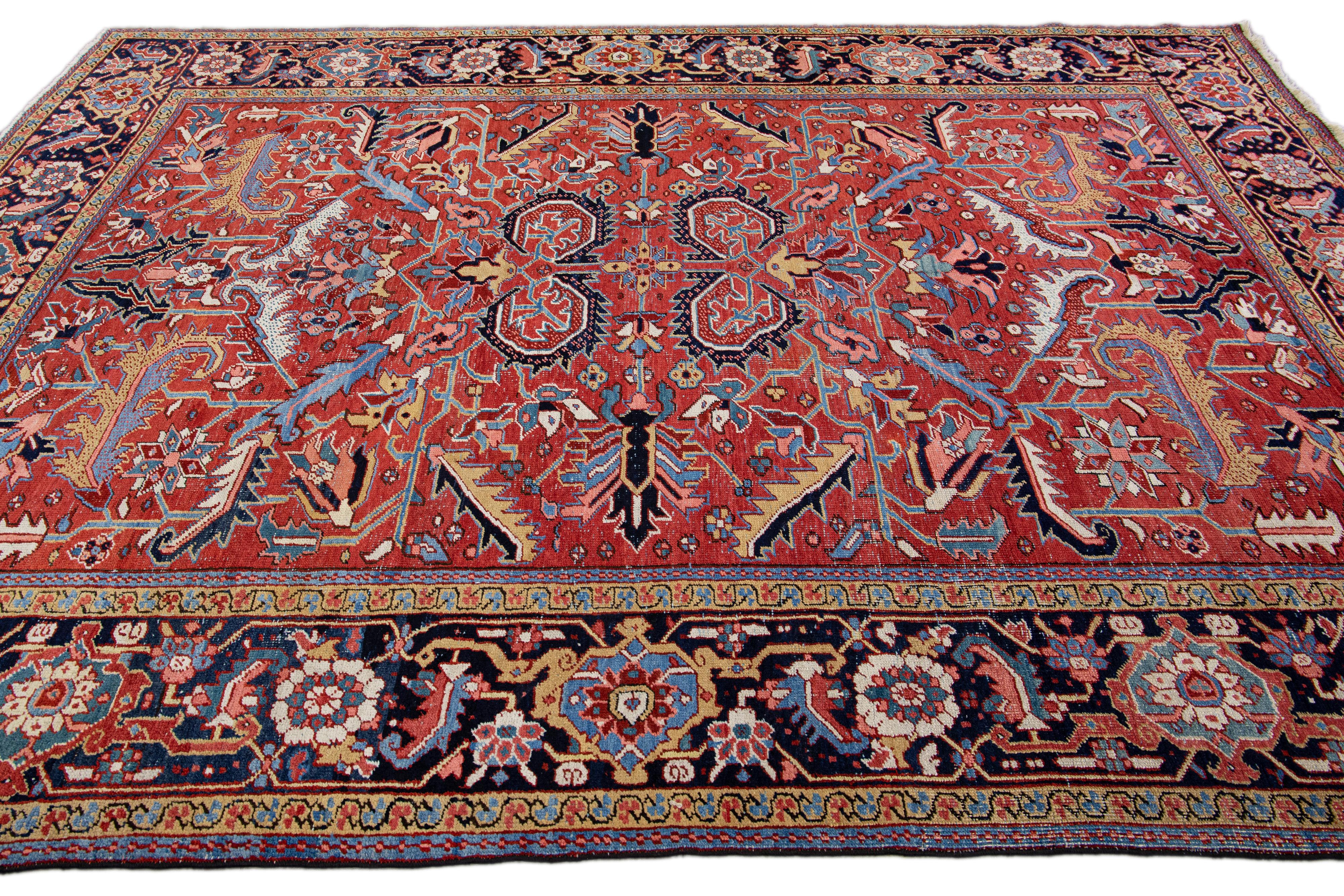 Antique Persian Heriz Handmade Allover Designed Red Wool Rug In Good Condition For Sale In Norwalk, CT