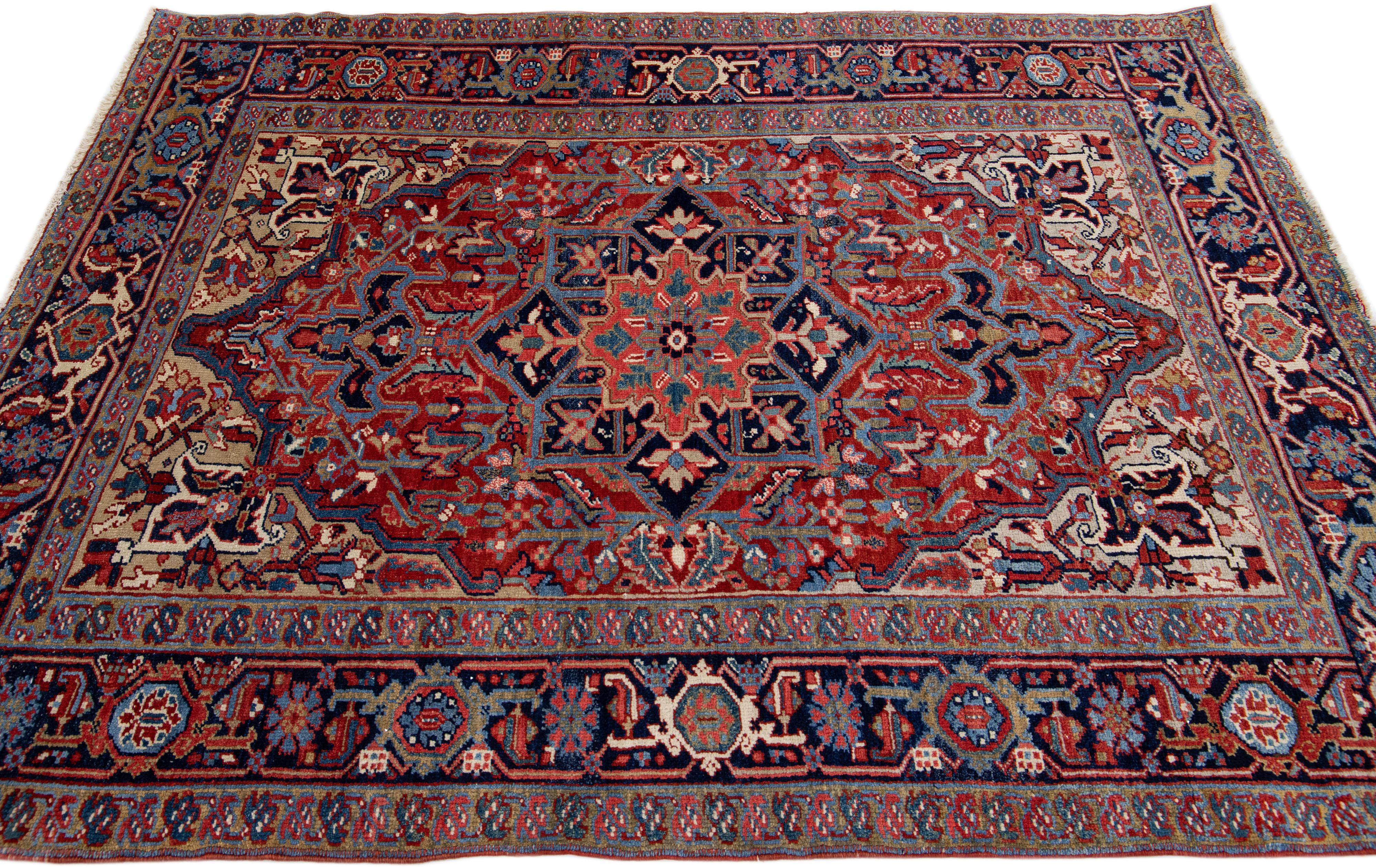 Antique Persian Heriz Handmade Allover Designed Red Wool Rug In Good Condition For Sale In Norwalk, CT