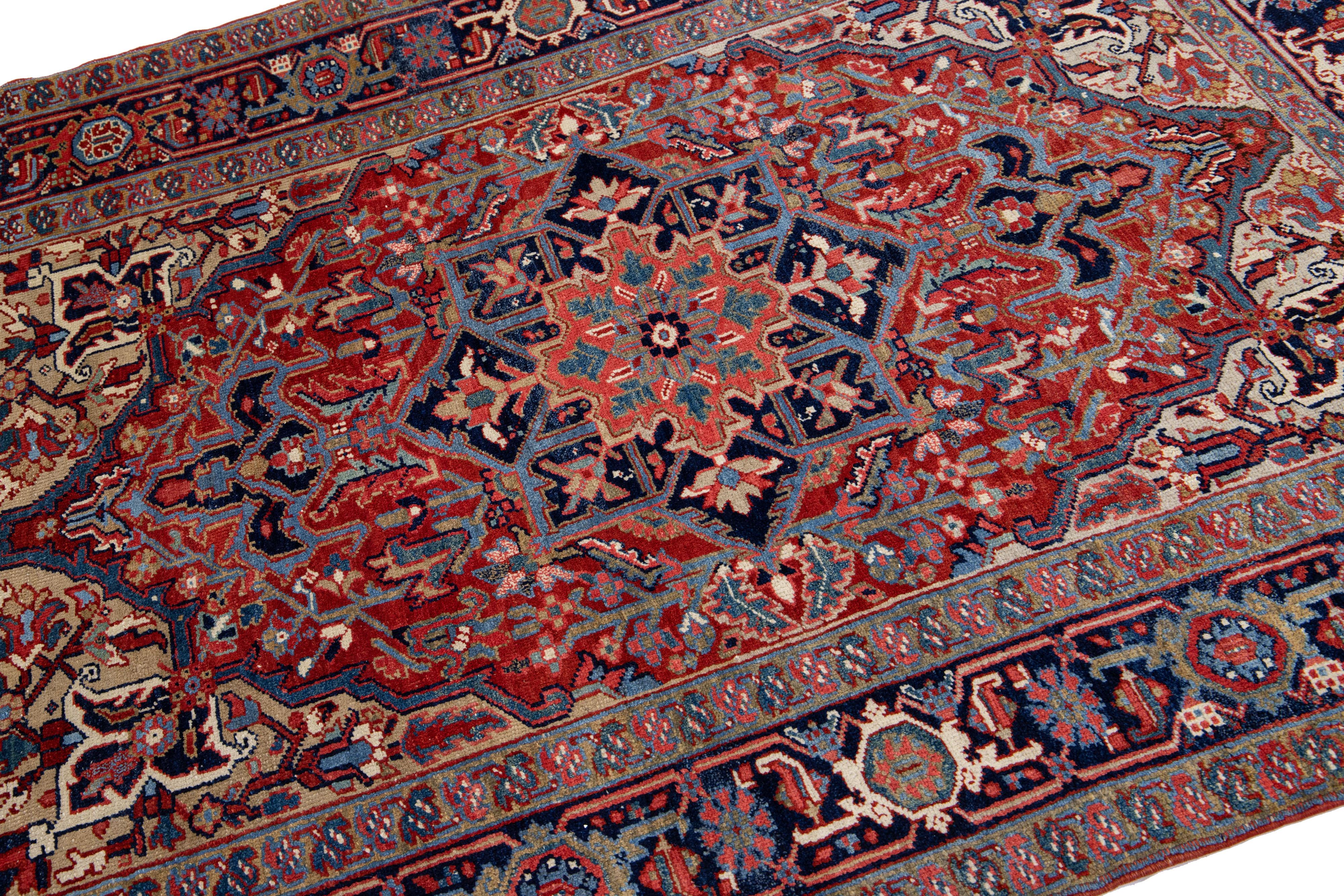 Early 20th Century Antique Persian Heriz Handmade Allover Designed Red Wool Rug For Sale