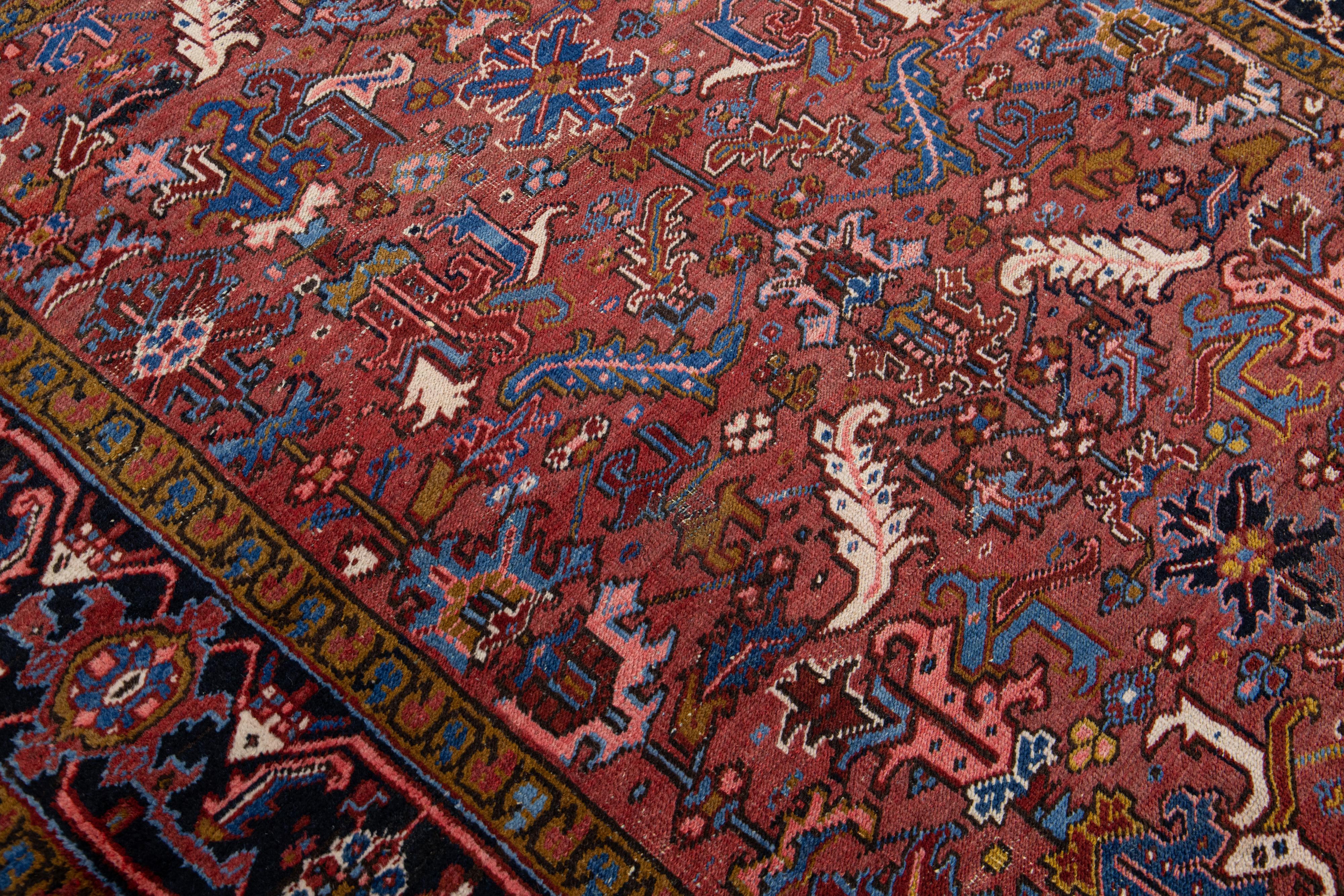 Antique Persian Heriz Handmade Allover Floral Burgundy Wool Rug For Sale 4