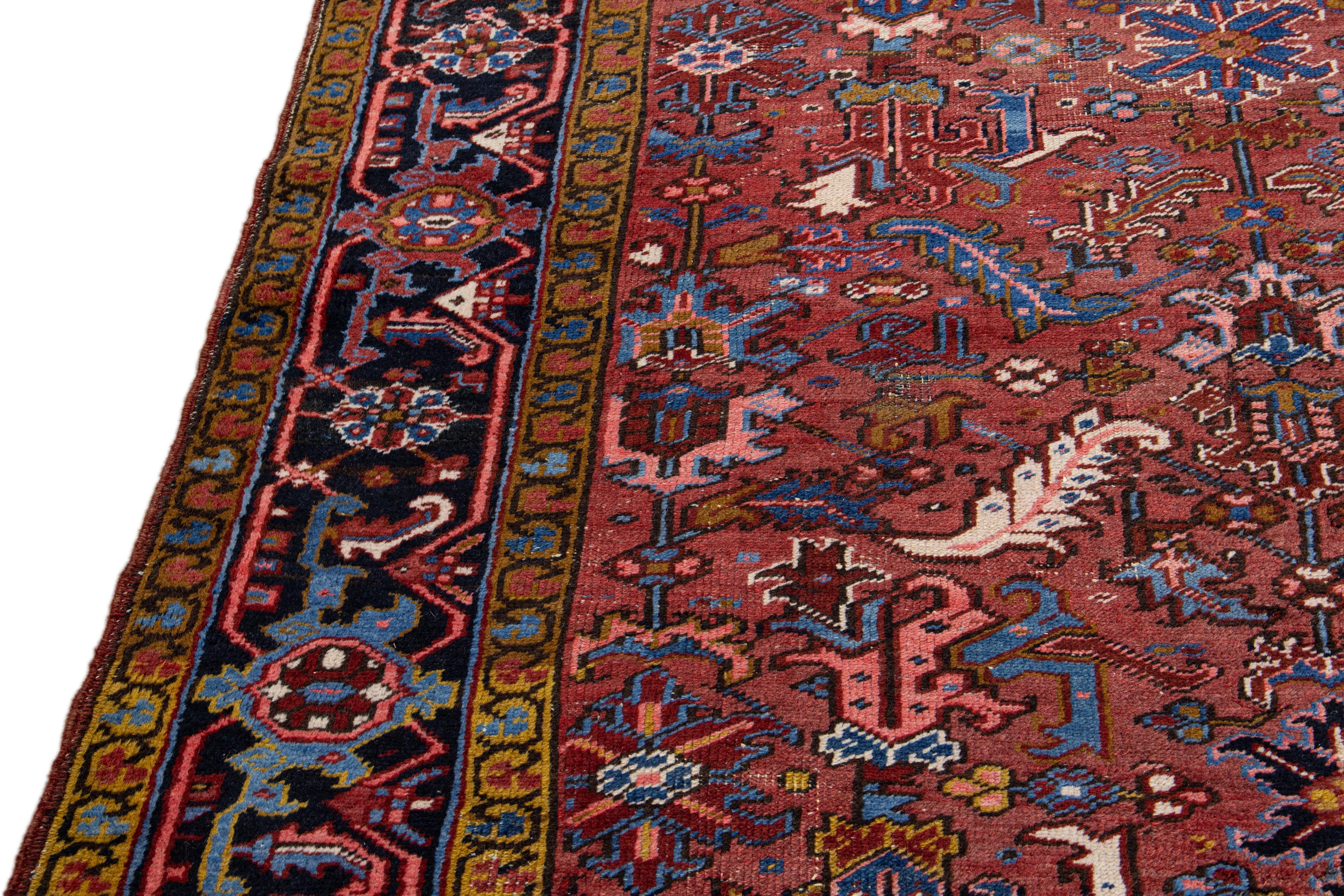 Antique Persian Heriz Handmade Allover Floral Burgundy Wool Rug For Sale 6
