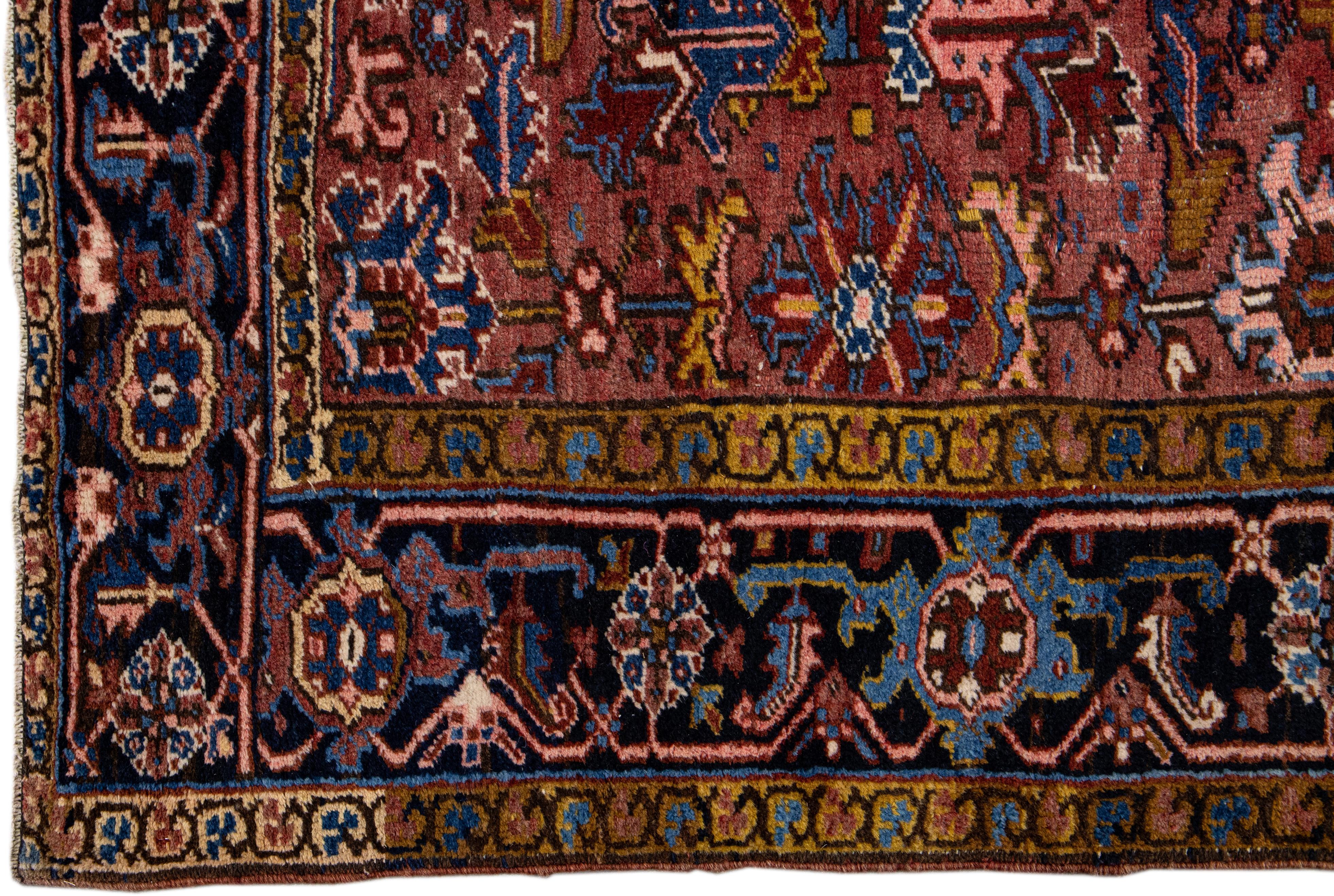 Hand-Knotted Antique Persian Heriz Handmade Allover Floral Burgundy Wool Rug For Sale