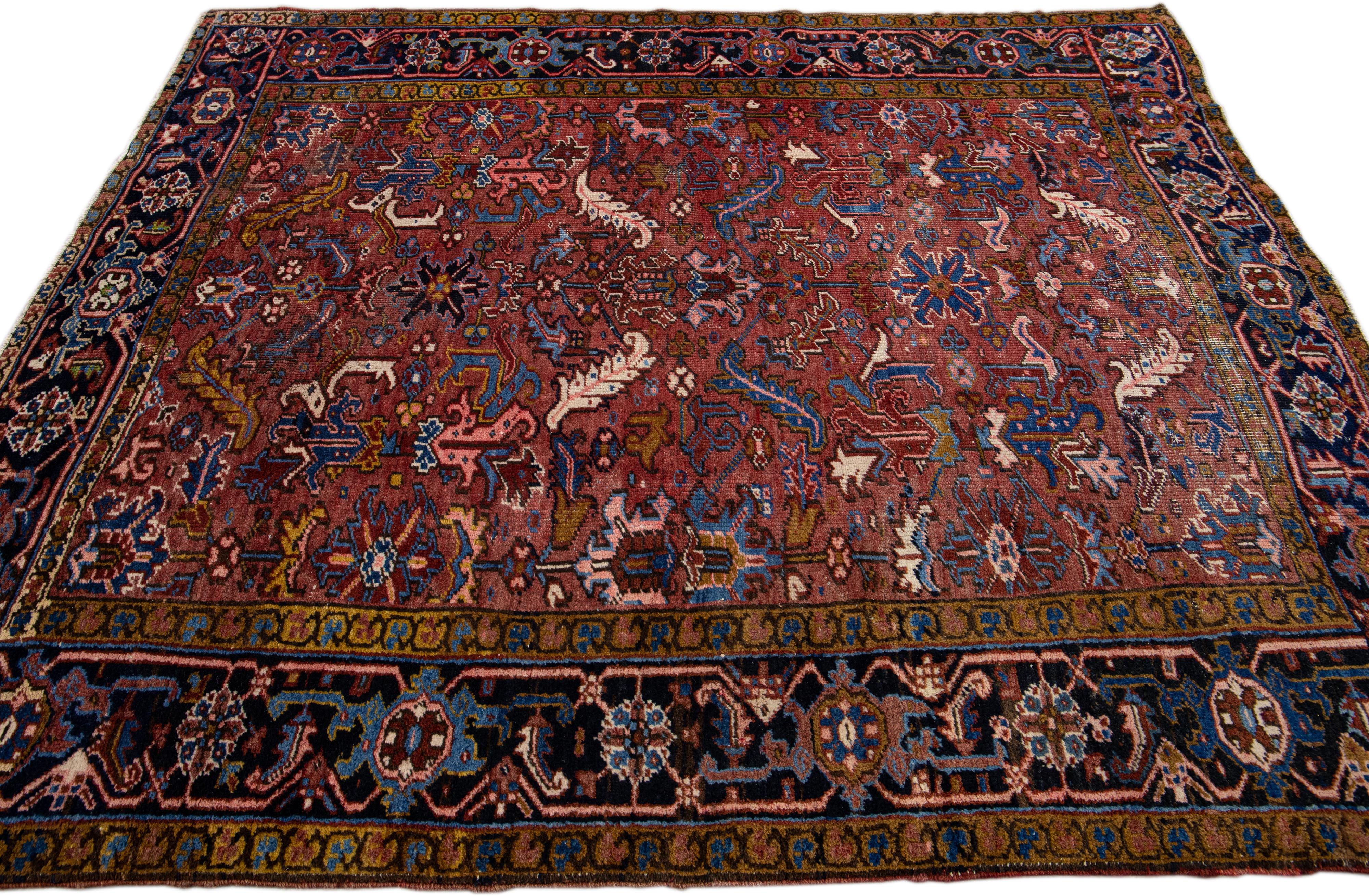 Antique Persian Heriz Handmade Allover Floral Burgundy Wool Rug In Good Condition For Sale In Norwalk, CT