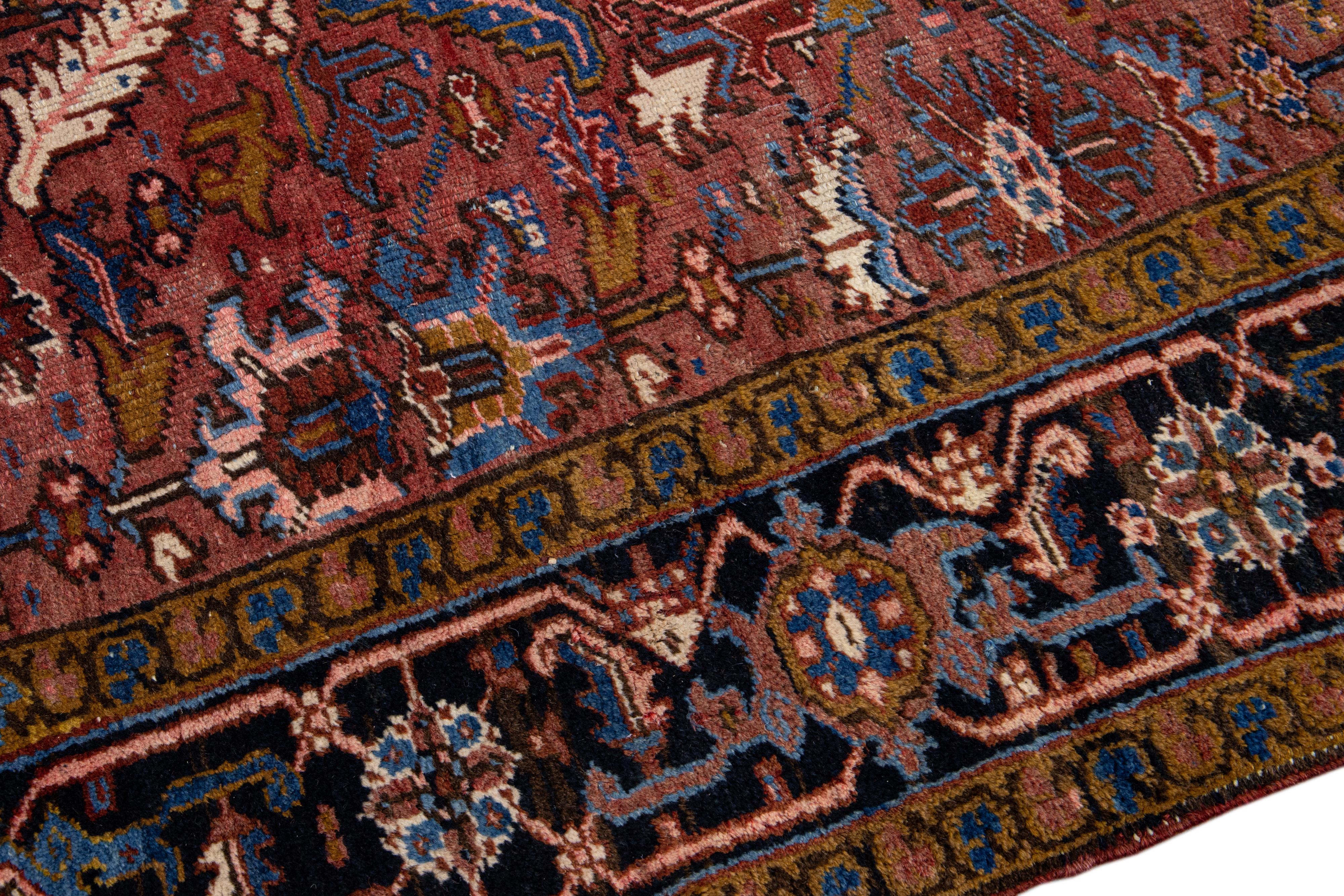 Antique Persian Heriz Handmade Allover Floral Burgundy Wool Rug For Sale 1