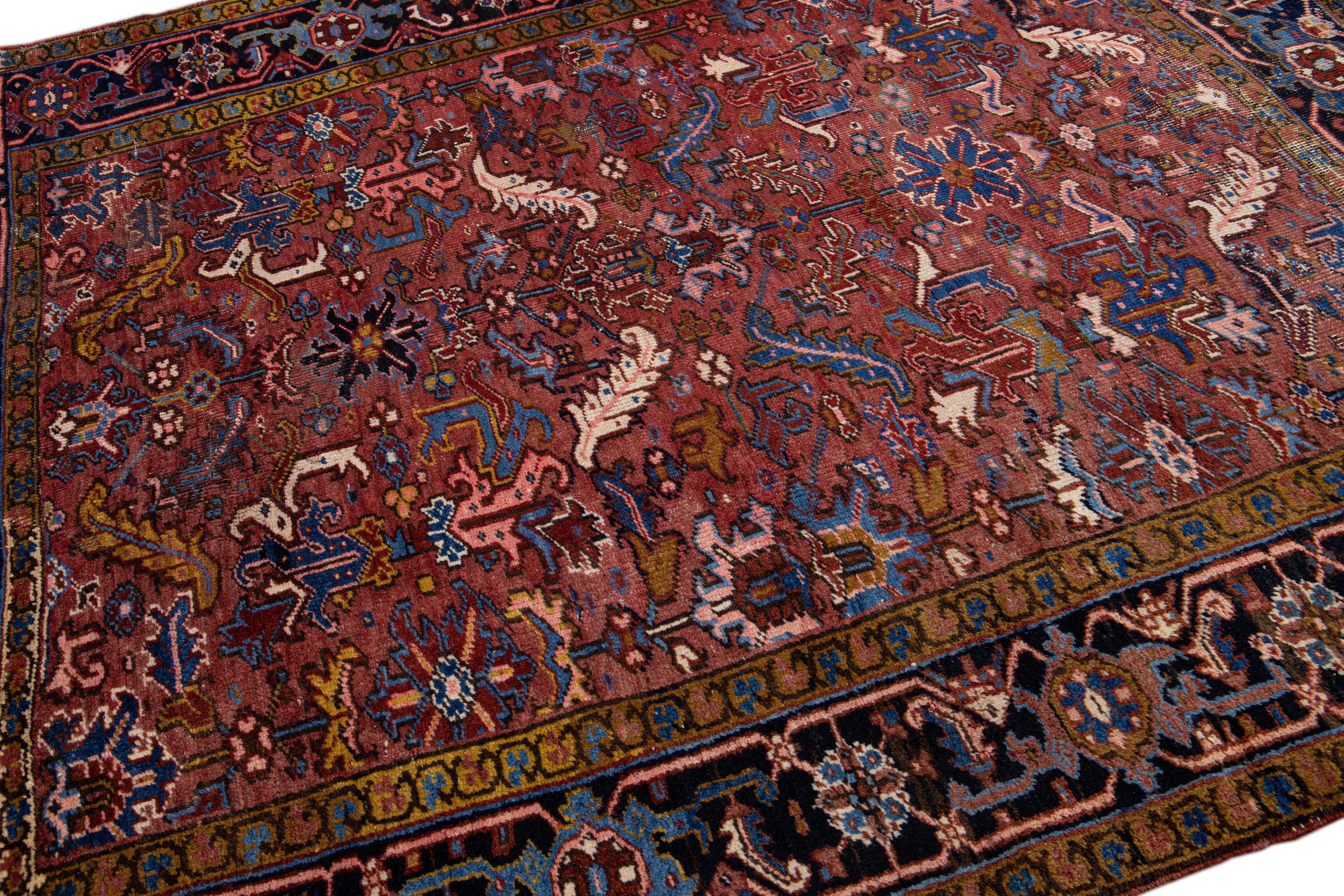 Antique Persian Heriz Handmade Allover Floral Burgundy Wool Rug For Sale 2