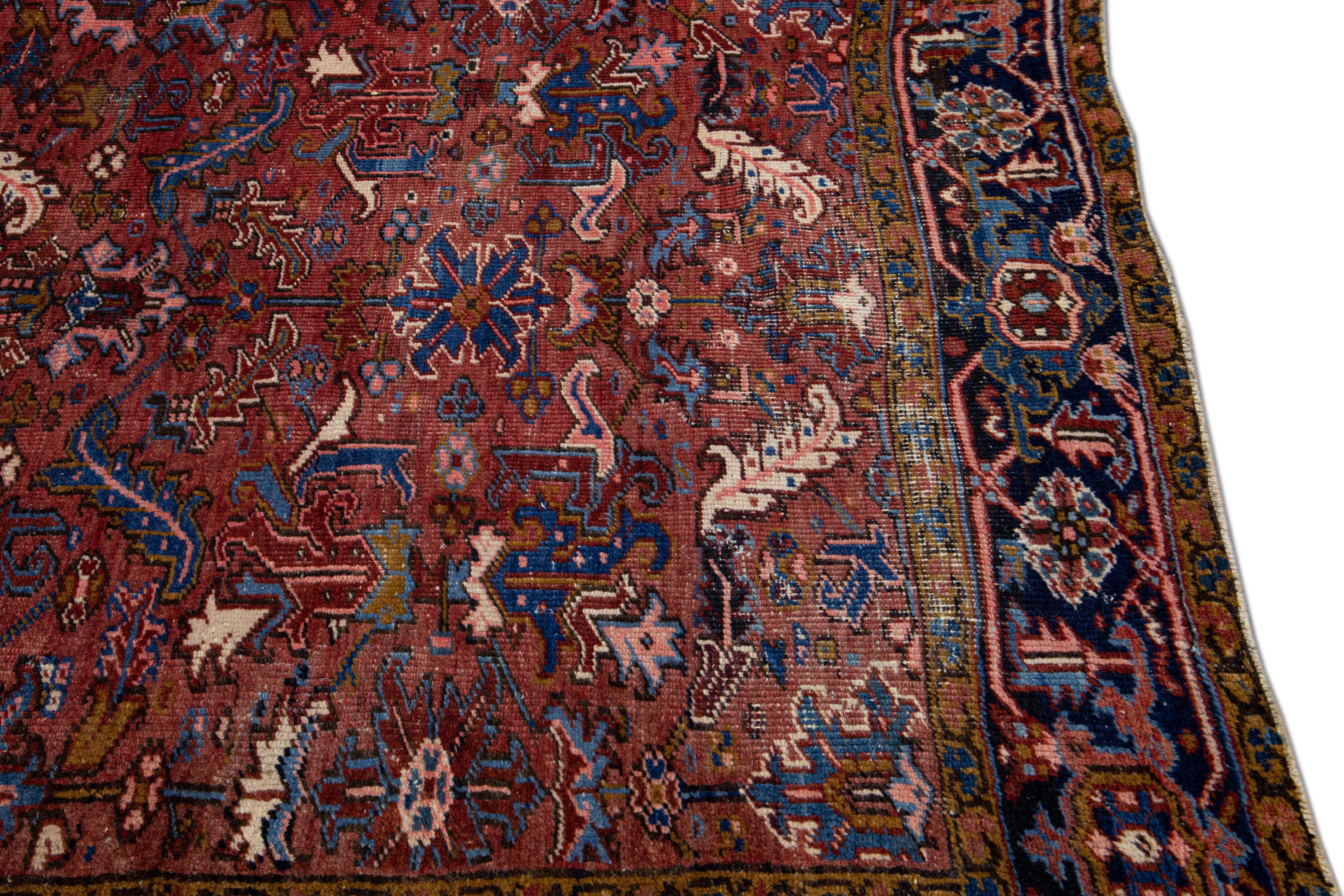 Antique Persian Heriz Handmade Allover Floral Burgundy Wool Rug For Sale 3