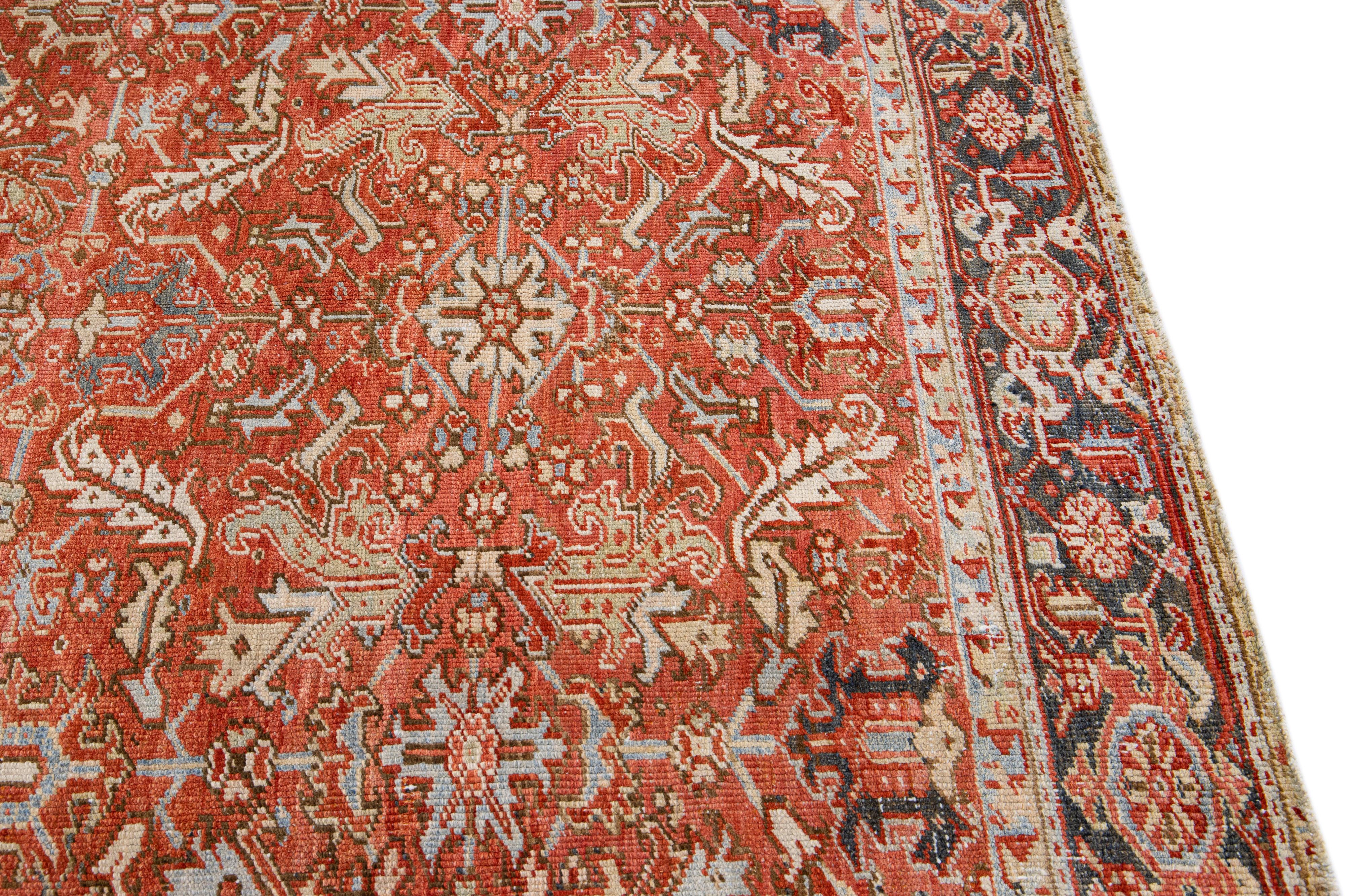 Antique Persian Heriz Handmade Allover Floral Orange Wool Rug For Sale 4
