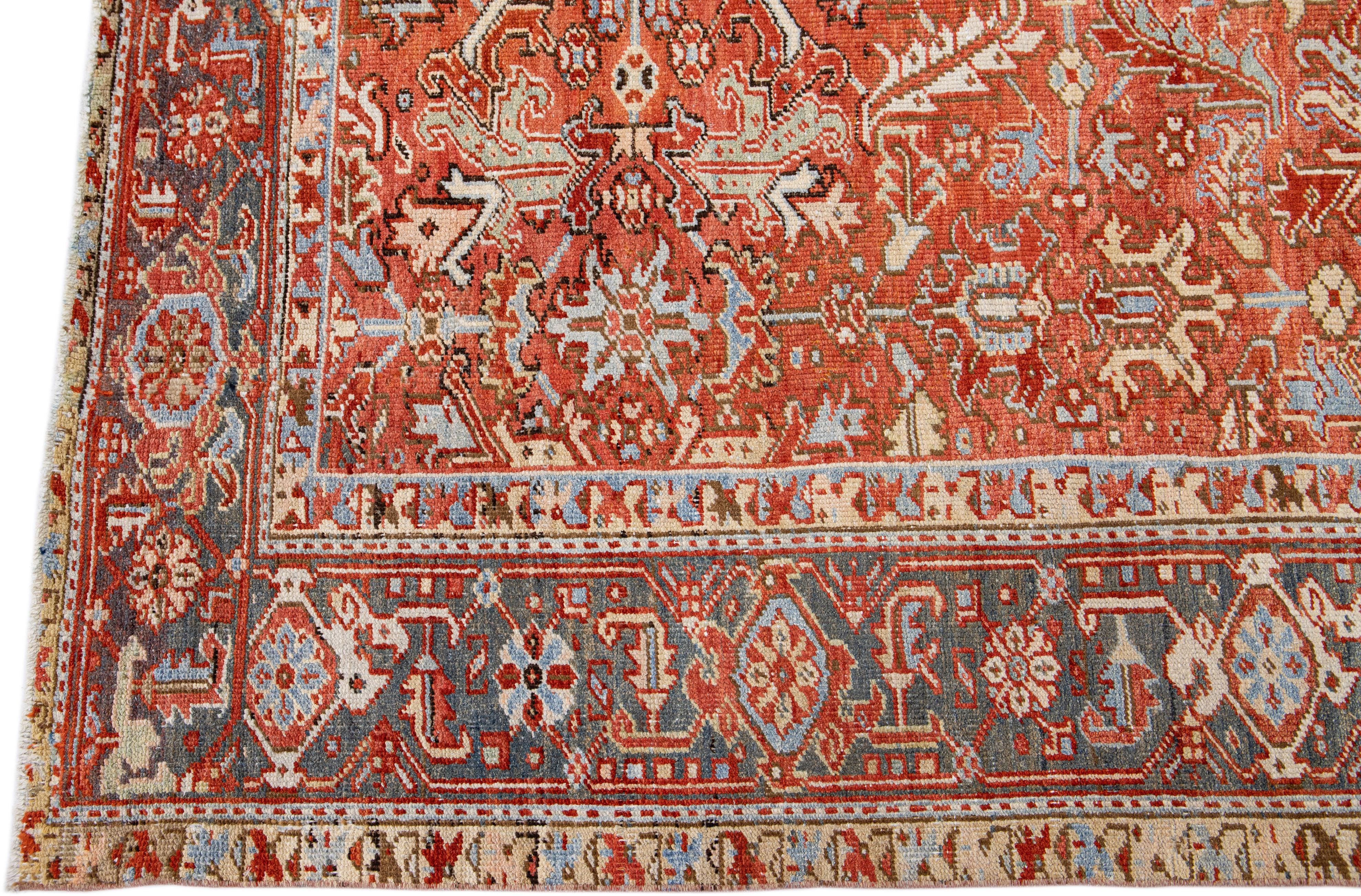 Hand-Knotted Antique Persian Heriz Handmade Allover Floral Orange Wool Rug For Sale