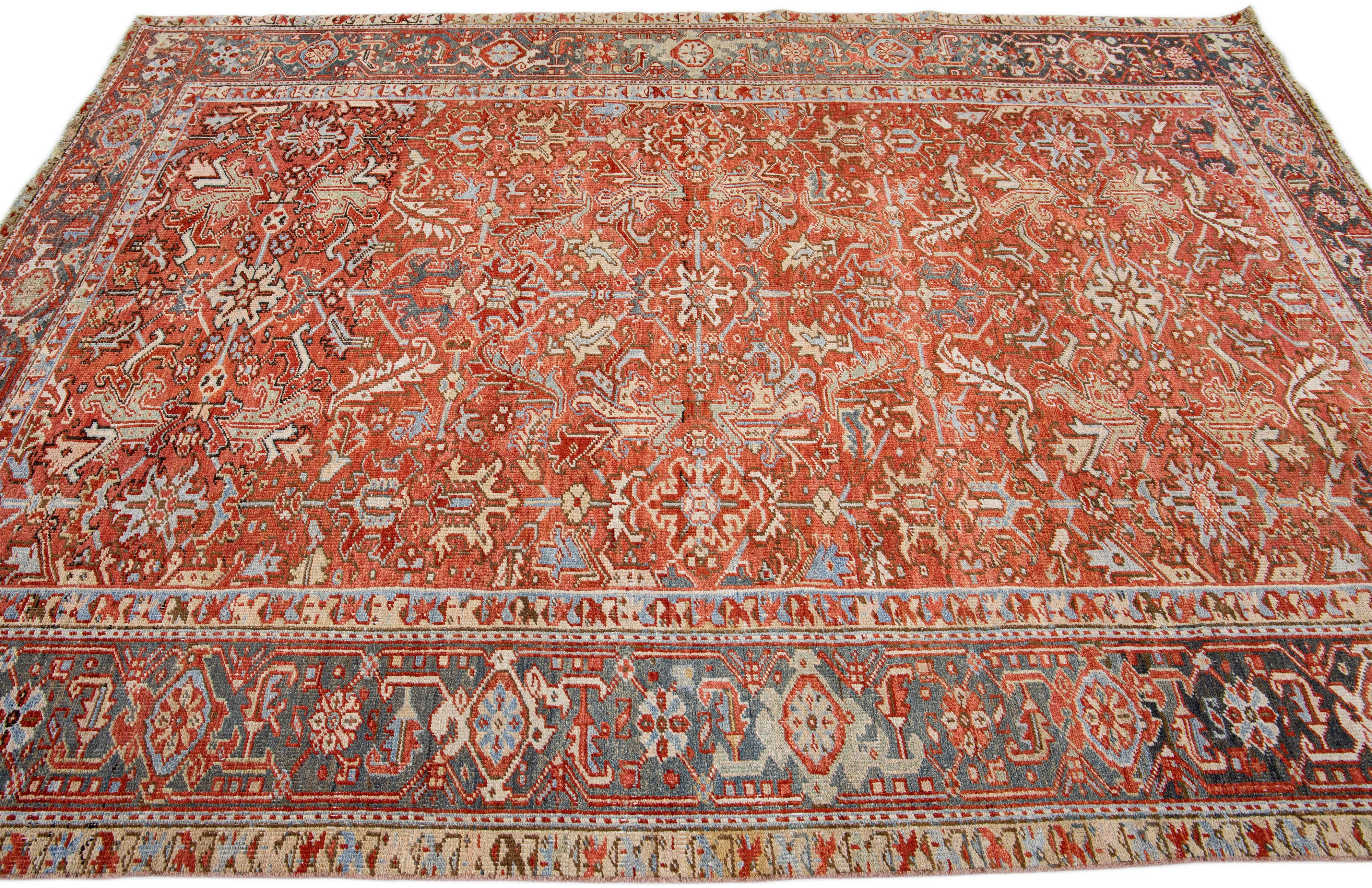 Antique Persian Heriz Handmade Allover Floral Orange Wool Rug In Good Condition For Sale In Norwalk, CT