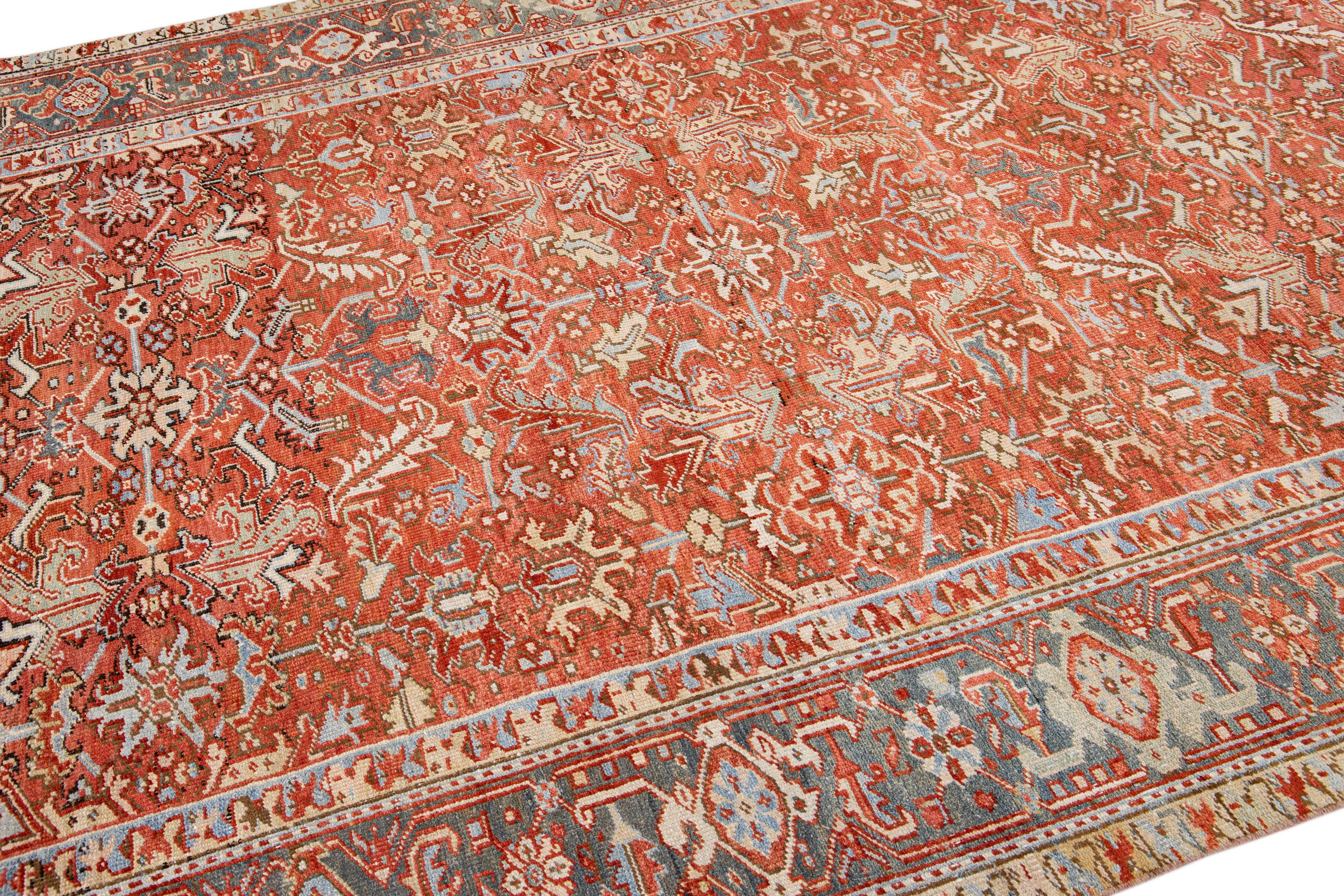 Antique Persian Heriz Handmade Allover Floral Orange Wool Rug For Sale 2