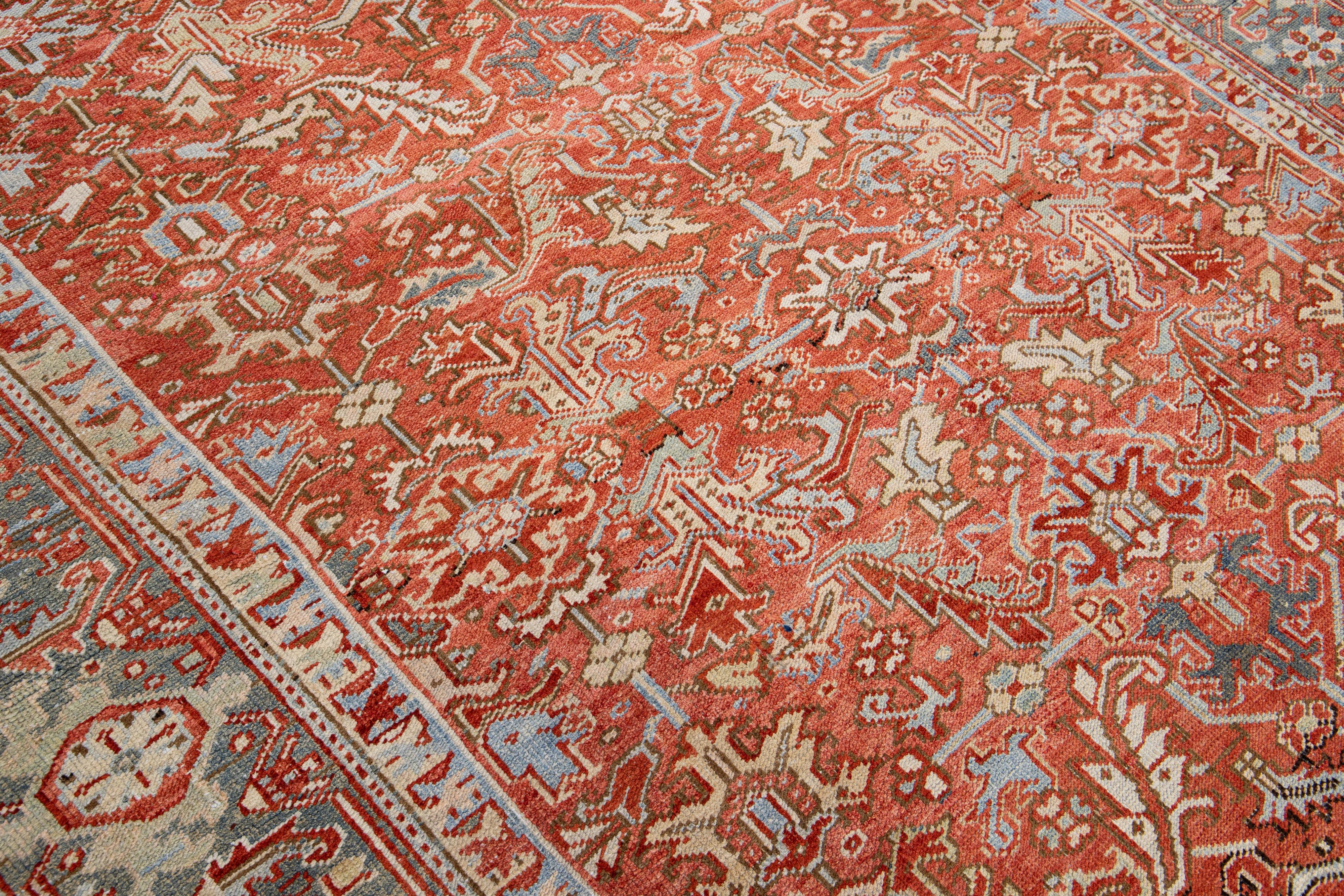 Antique Persian Heriz Handmade Allover Floral Orange Wool Rug For Sale 3