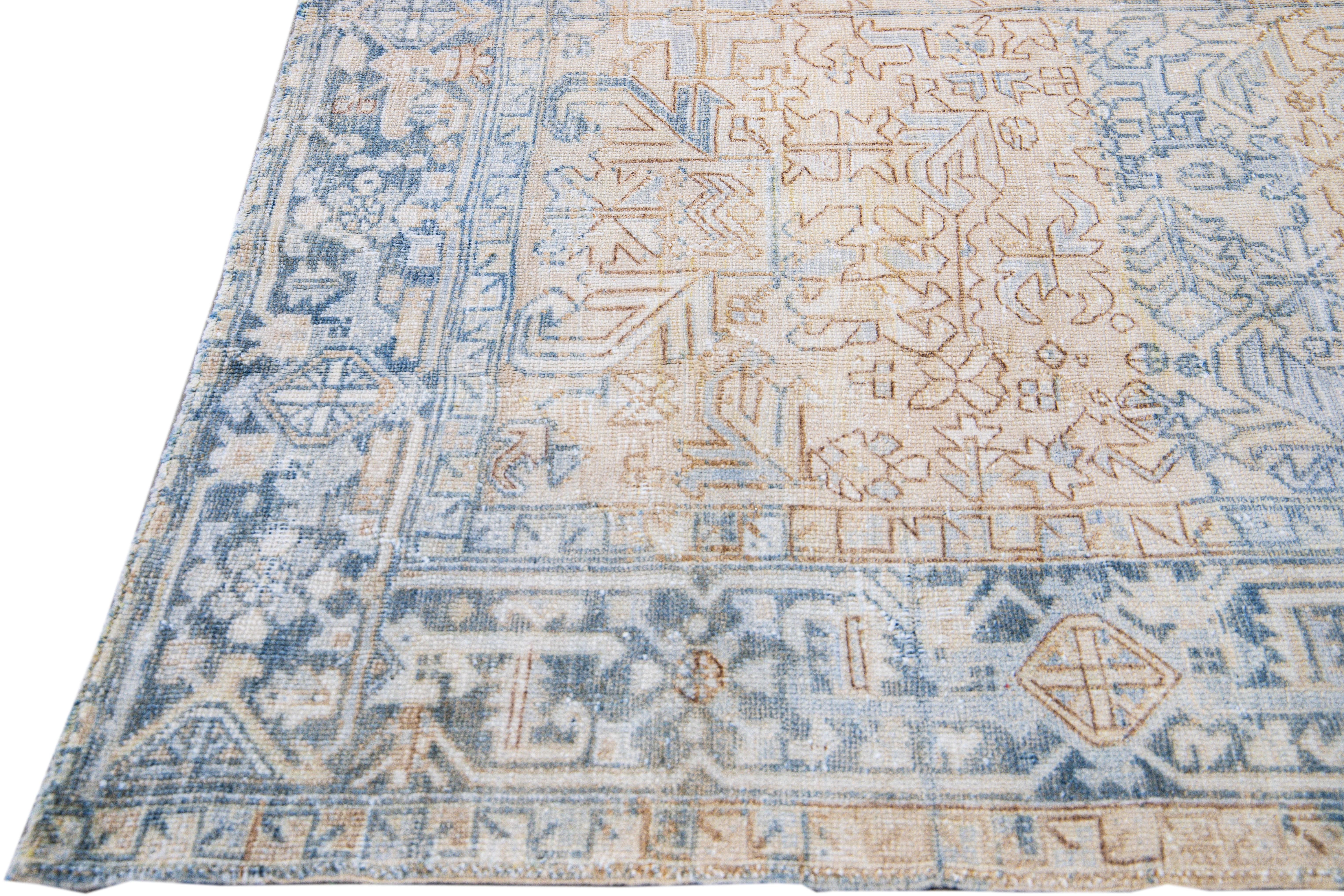 Hand-Knotted Antique Persian Heriz Handmade Allover Geometric Beige And Blue Wool Rug For Sale