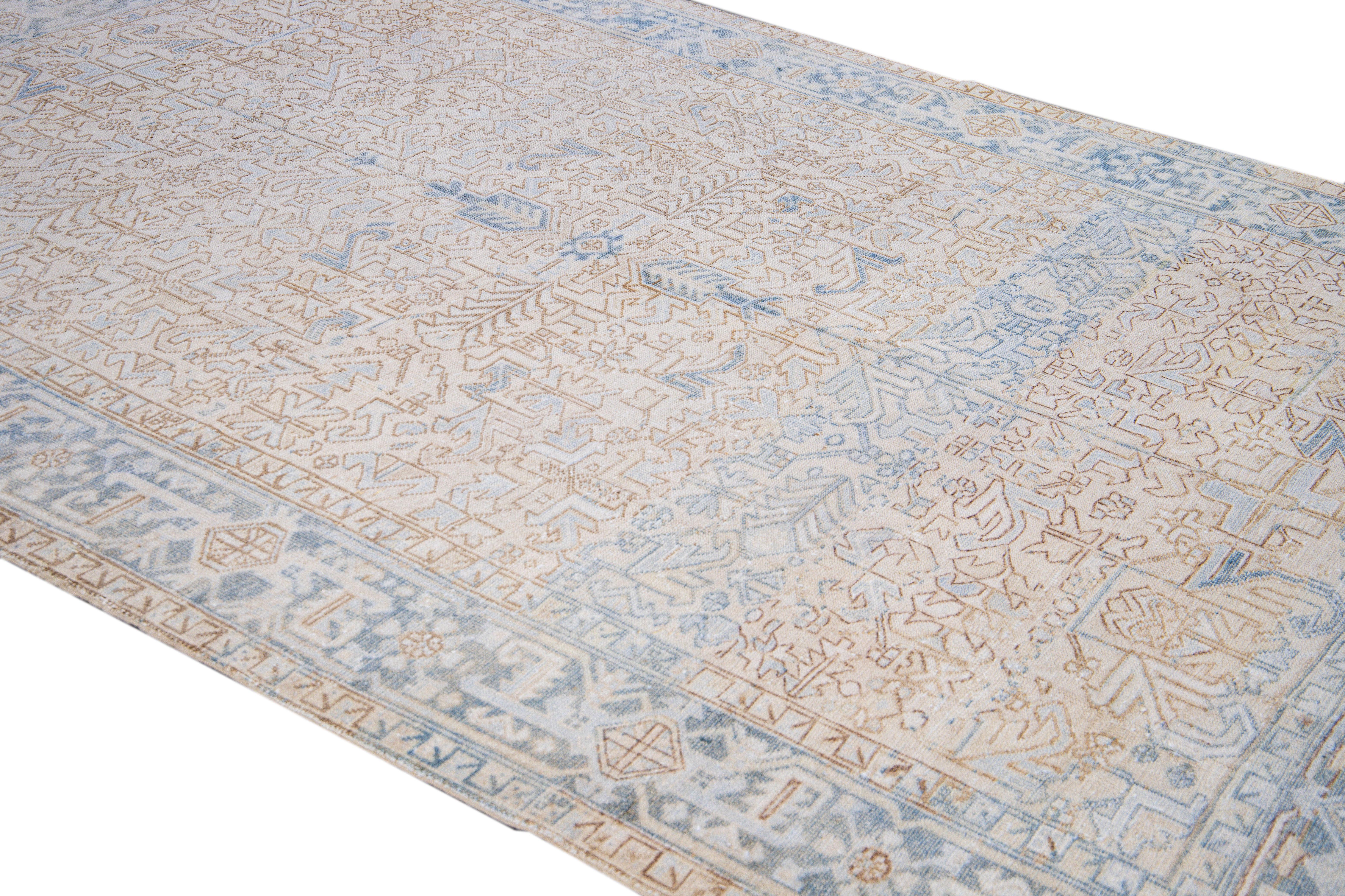 Antique Persian Heriz Handmade Allover Geometric Beige And Blue Wool Rug In Good Condition For Sale In Norwalk, CT