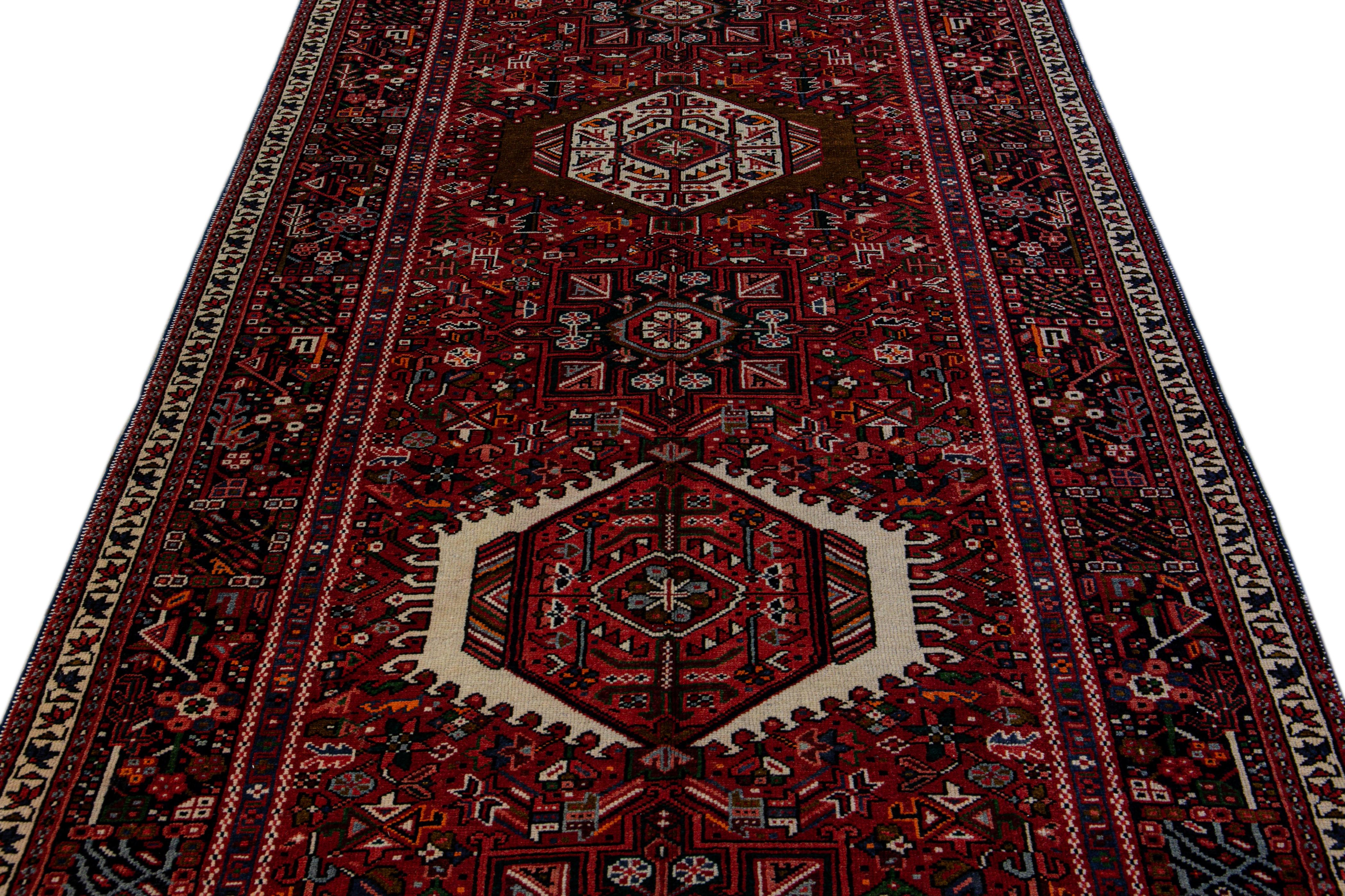 Heriz Serapi Antique Persian Heriz Handmade Allover Geometric Red Wool Runner For Sale