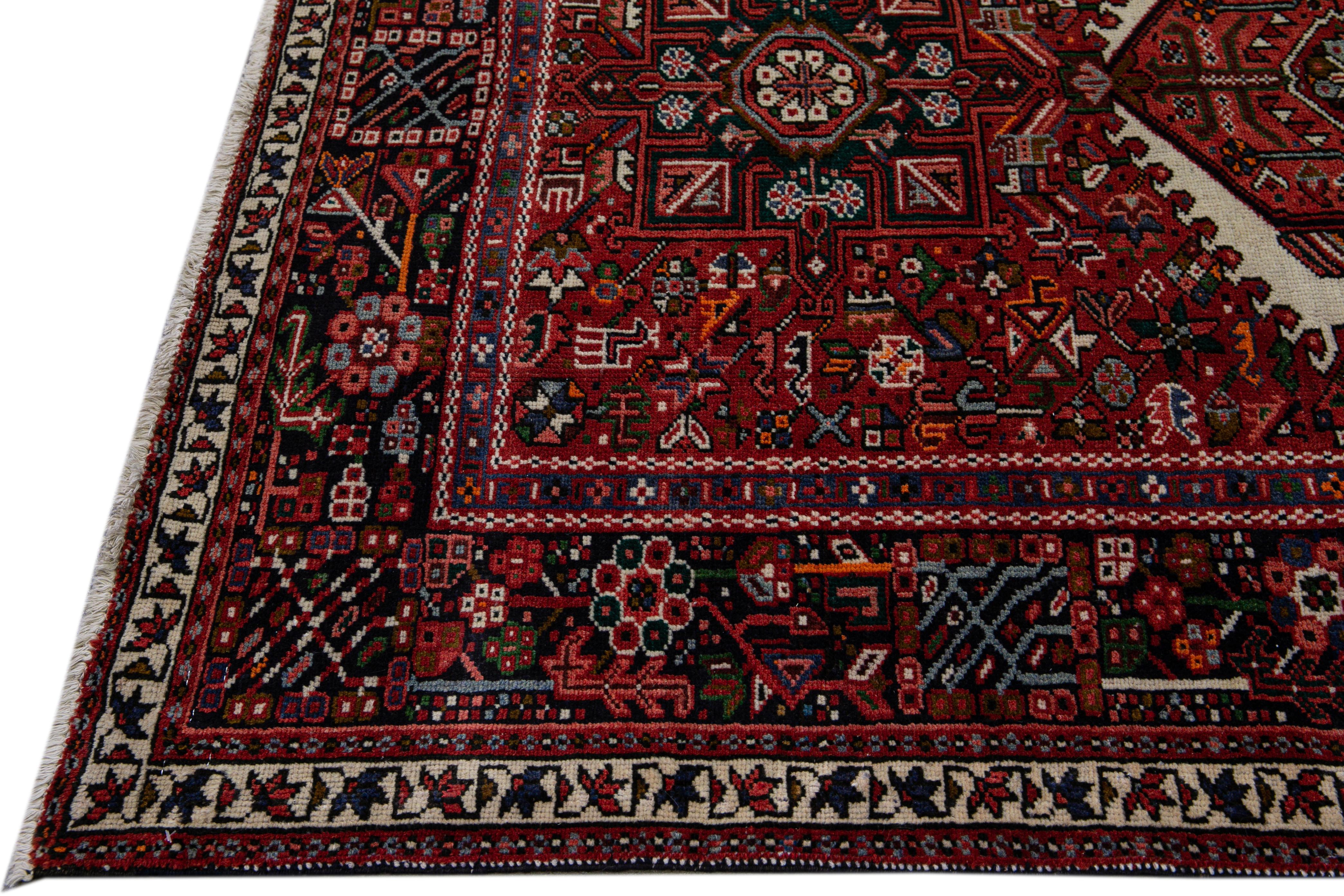 Hand-Knotted Antique Persian Heriz Handmade Allover Geometric Red Wool Runner For Sale