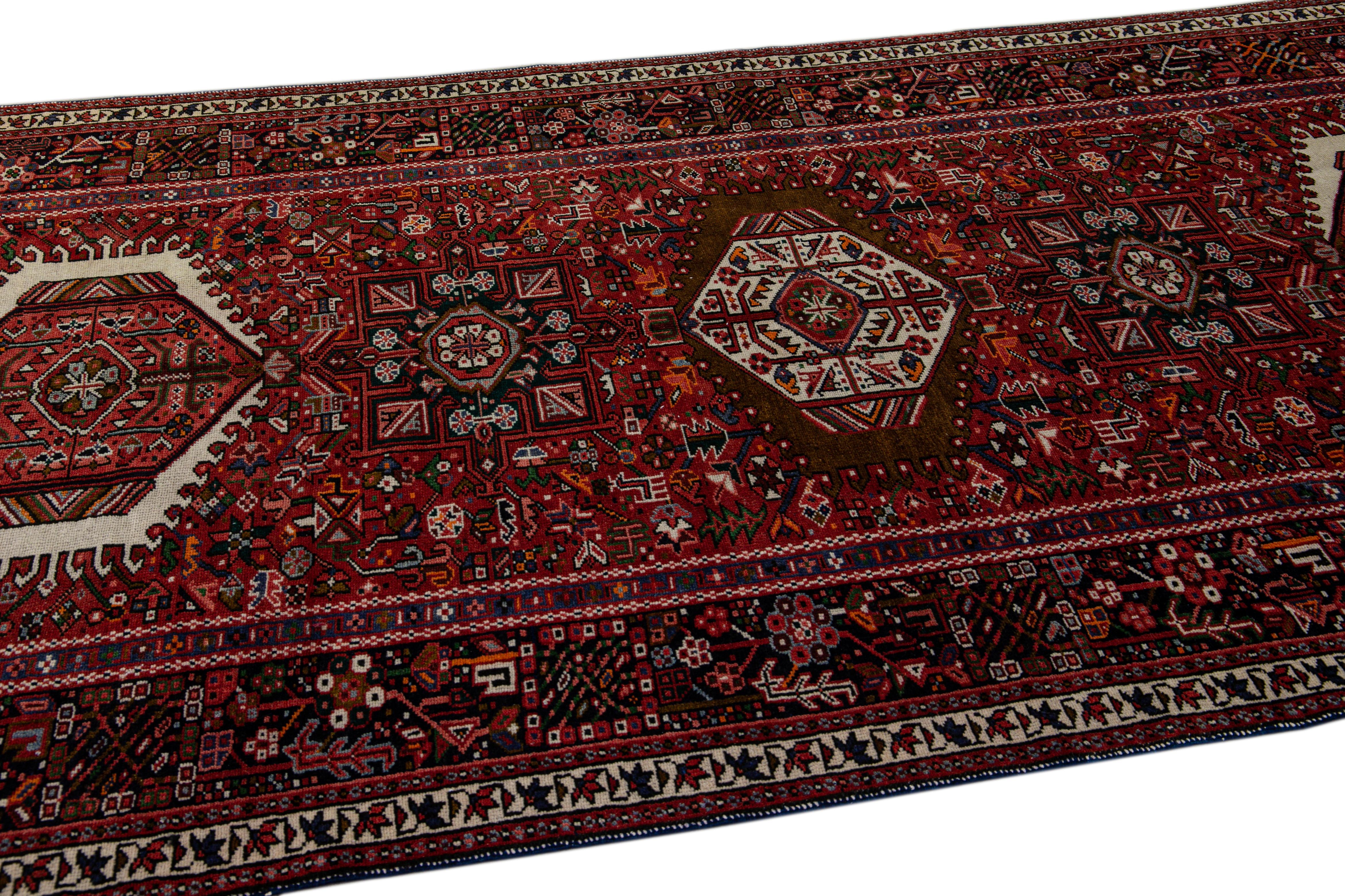Antique Persian Heriz Handmade Allover Geometric Red Wool Runner In Excellent Condition For Sale In Norwalk, CT