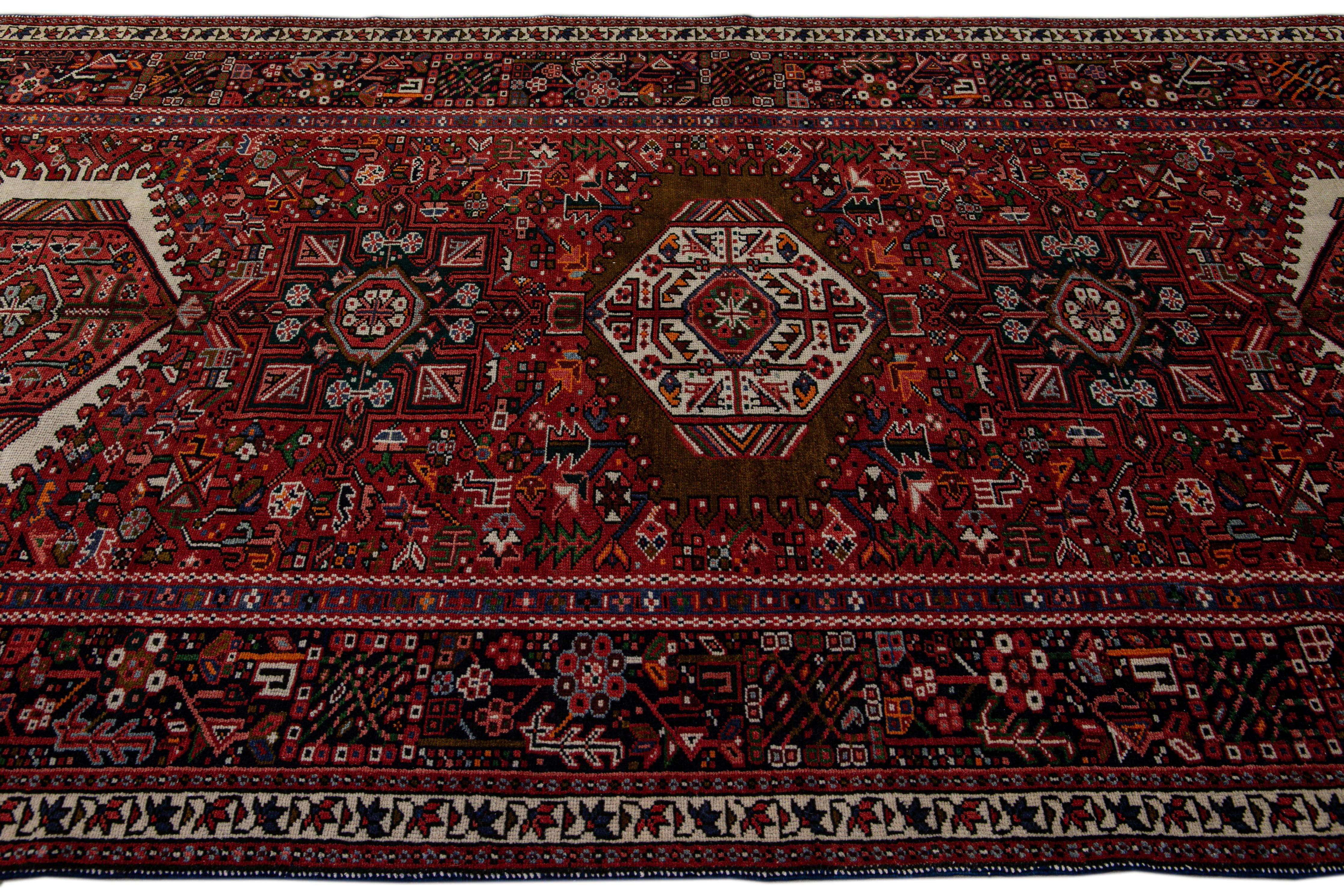 20th Century Antique Persian Heriz Handmade Allover Geometric Red Wool Runner For Sale
