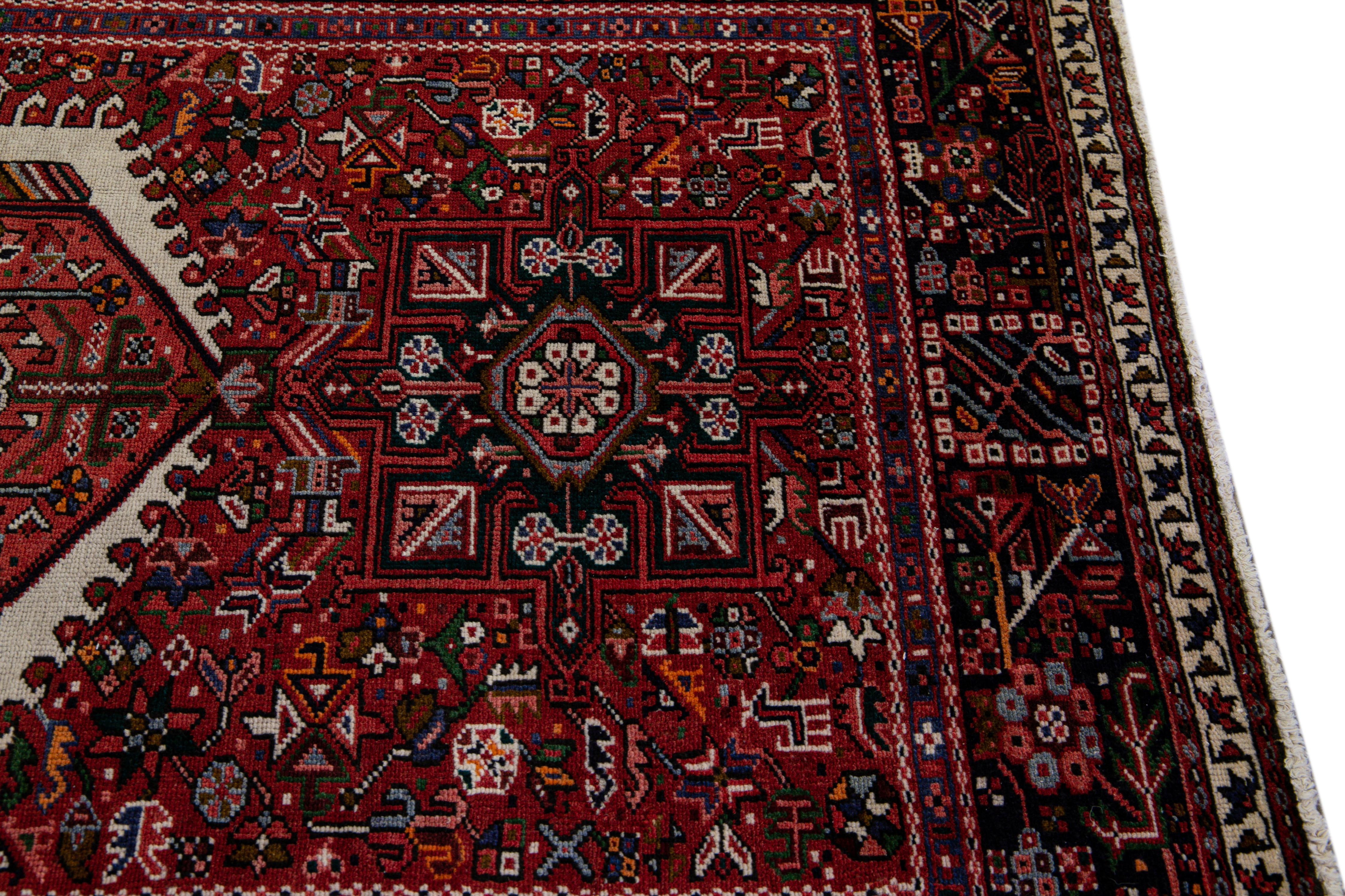 Antique Persian Heriz Handmade Allover Geometric Red Wool Runner For Sale 1