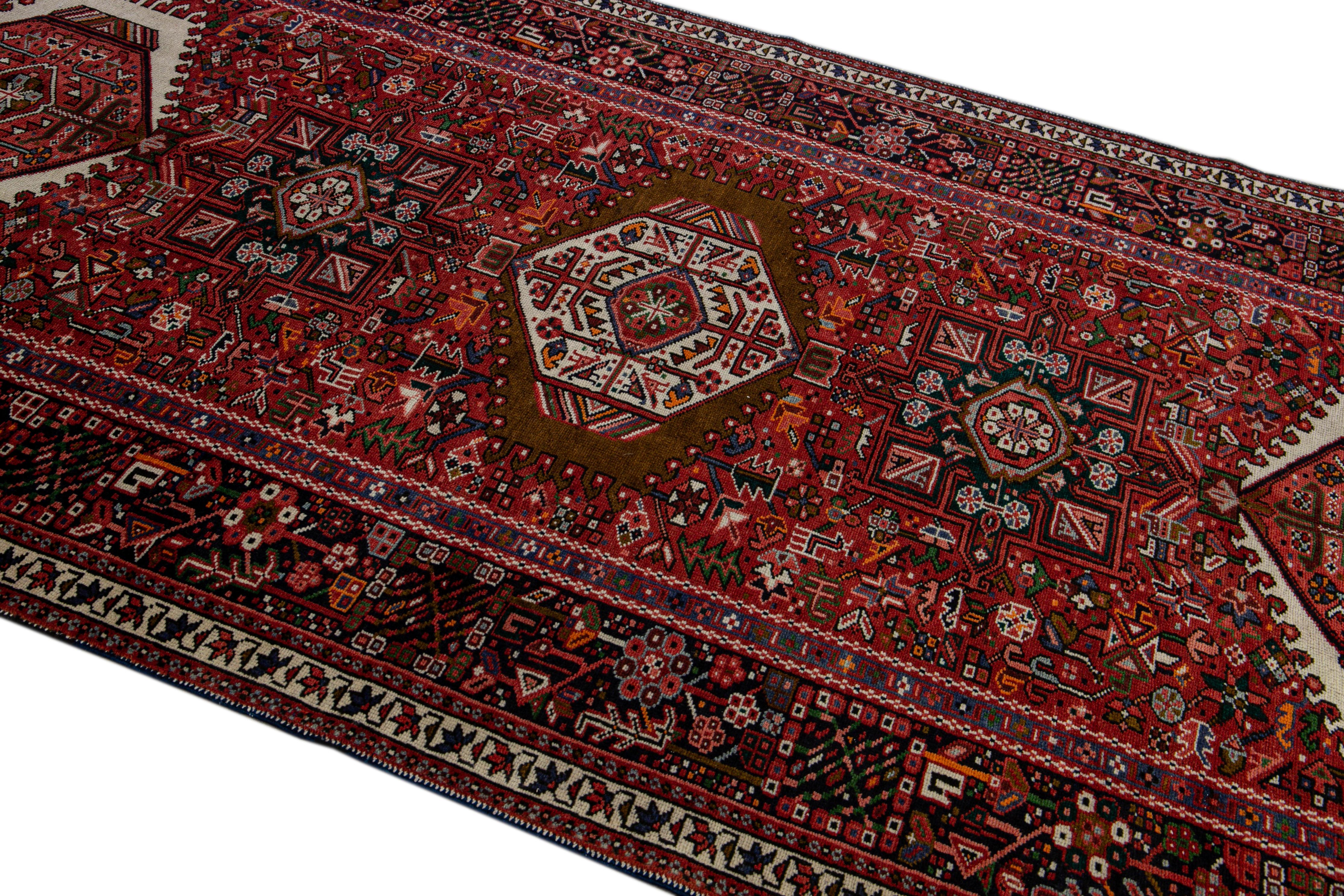 Antique Persian Heriz Handmade Allover Geometric Red Wool Runner For Sale 2