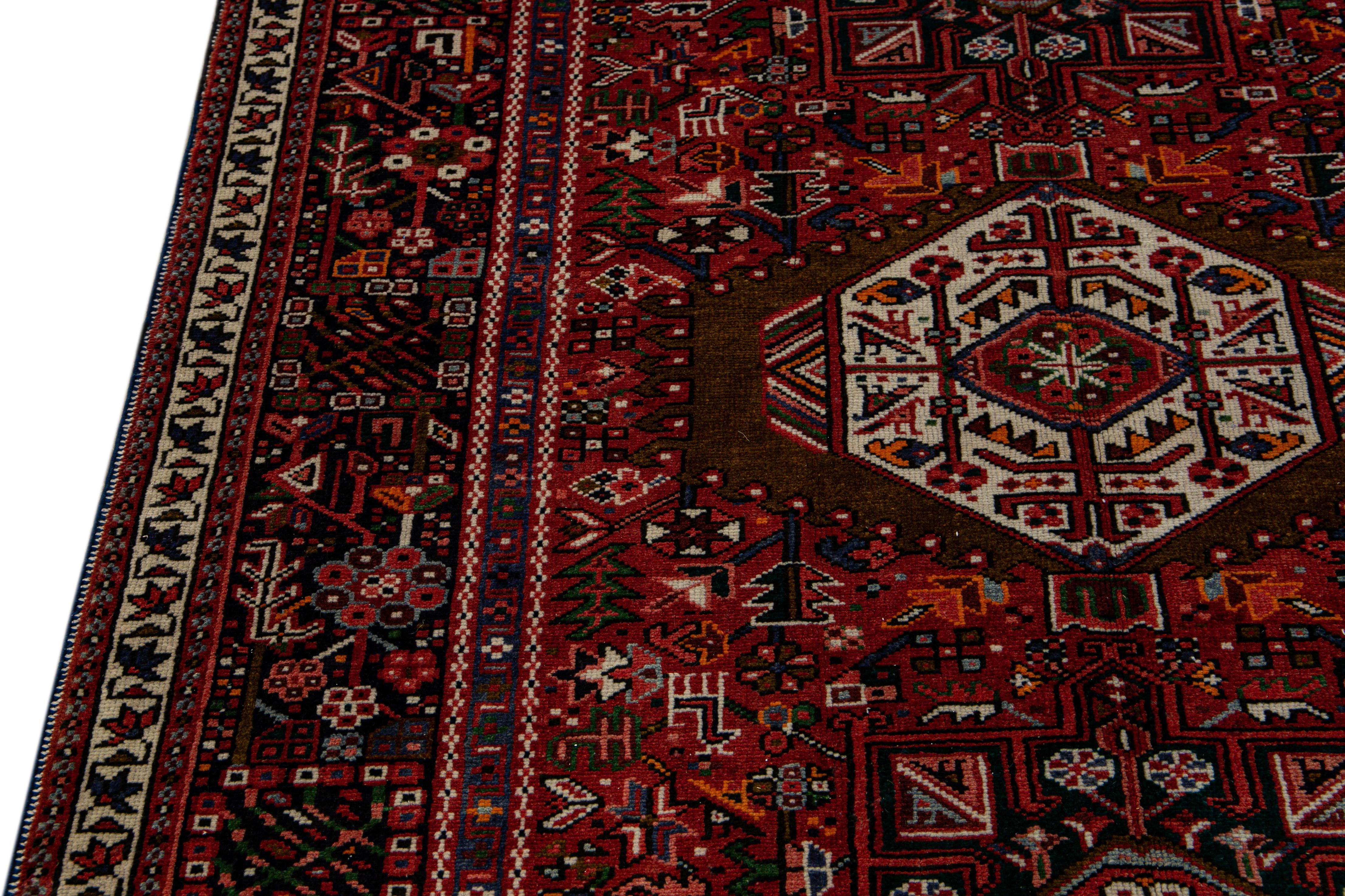 Antique Persian Heriz Handmade Allover Geometric Red Wool Runner For Sale 3