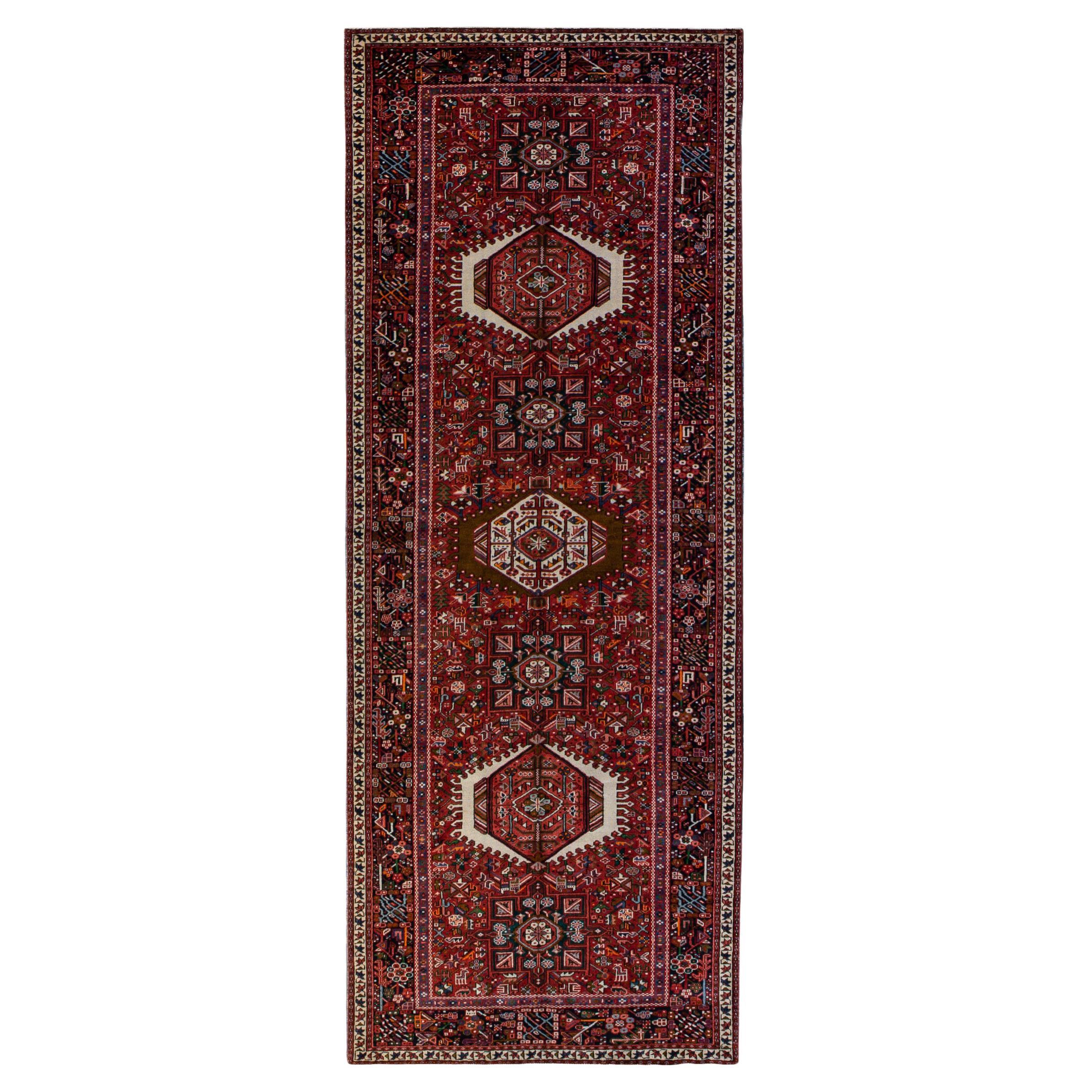 Antique Persian Heriz Handmade Allover Geometric Red Wool Runner For Sale