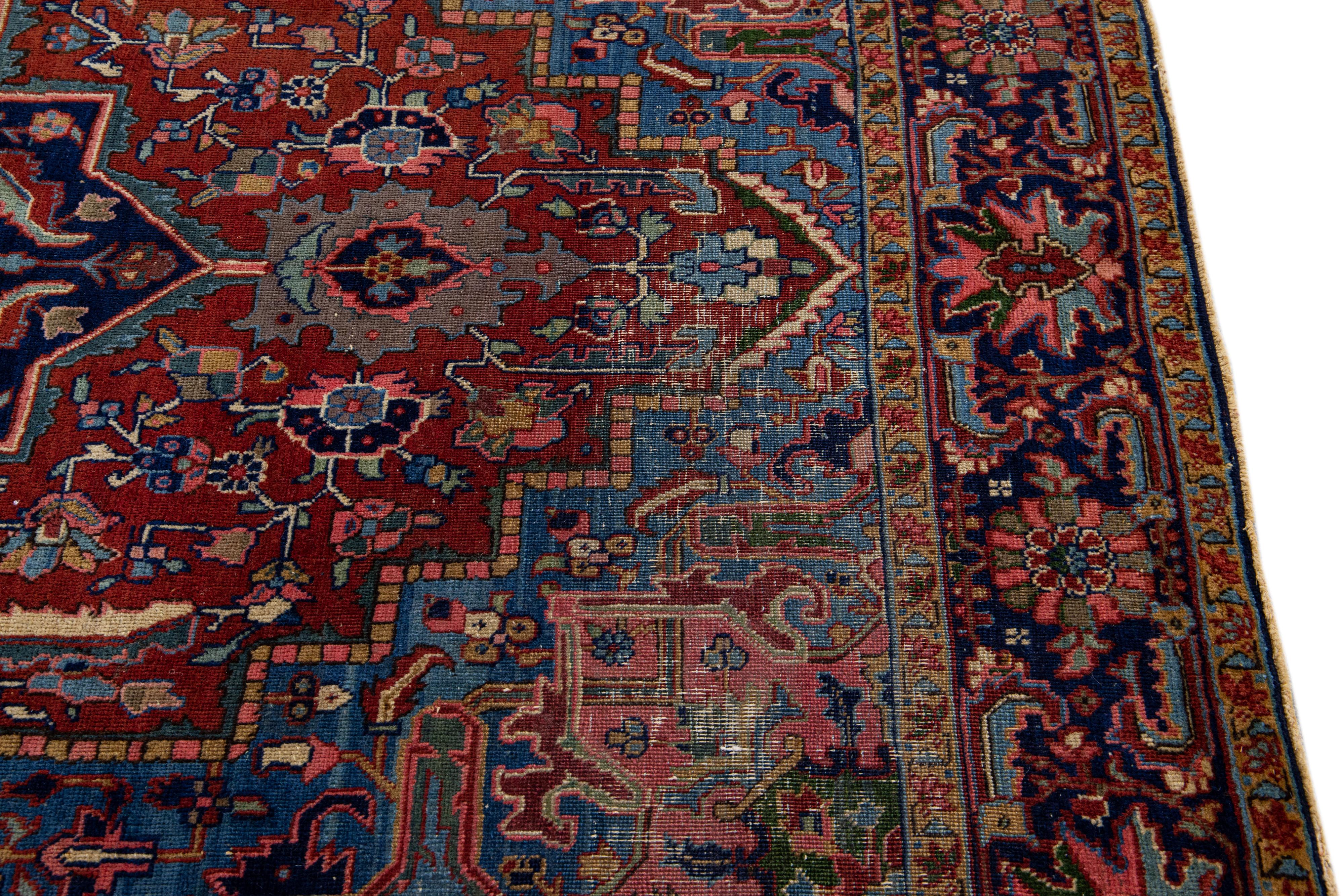 Antique Persian Heriz Handmade Allover Motif Red Wool Rug For Sale 4