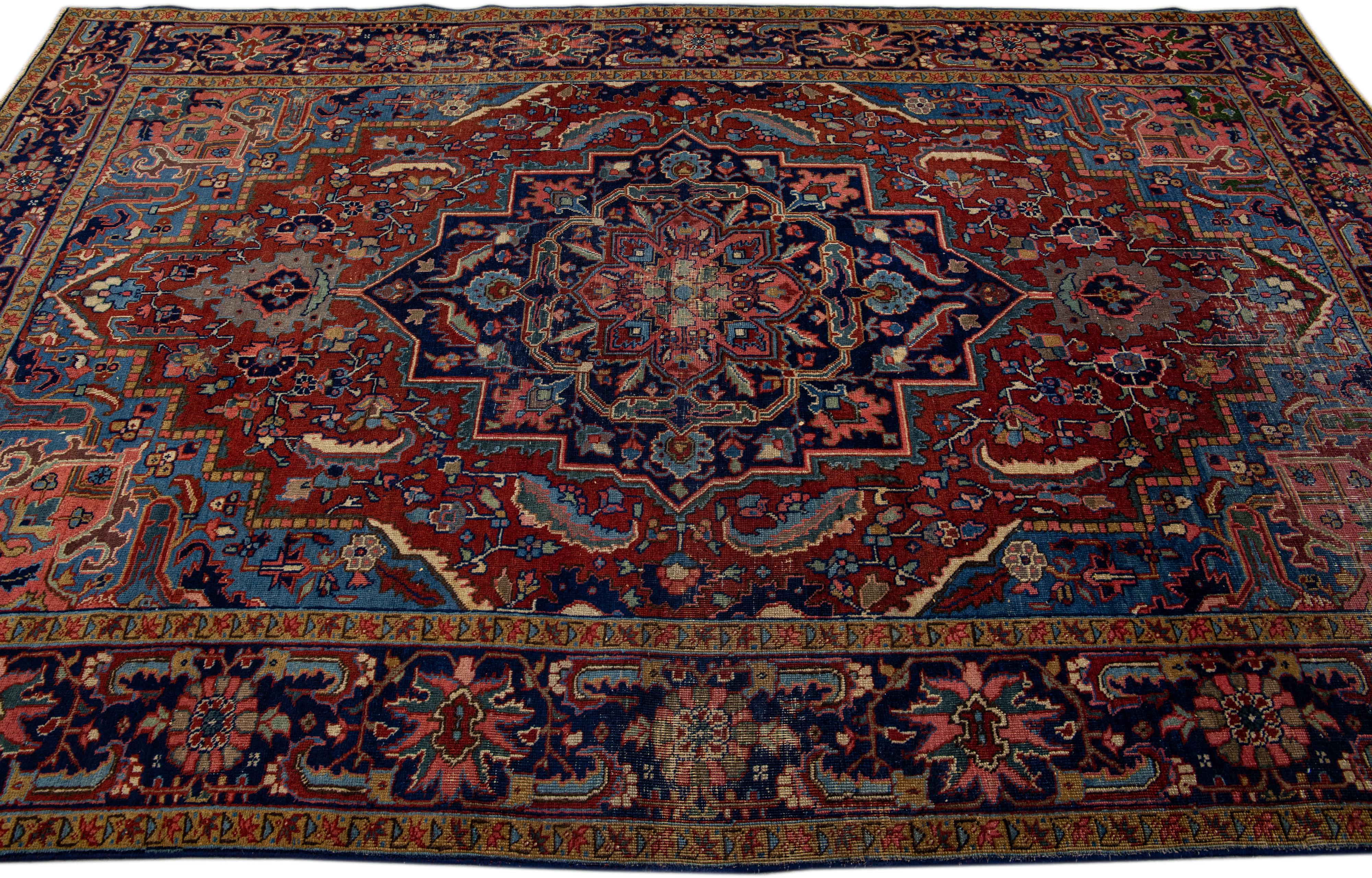 Antique Persian Heriz Handmade Allover Motif Red Wool Rug In Distressed Condition For Sale In Norwalk, CT