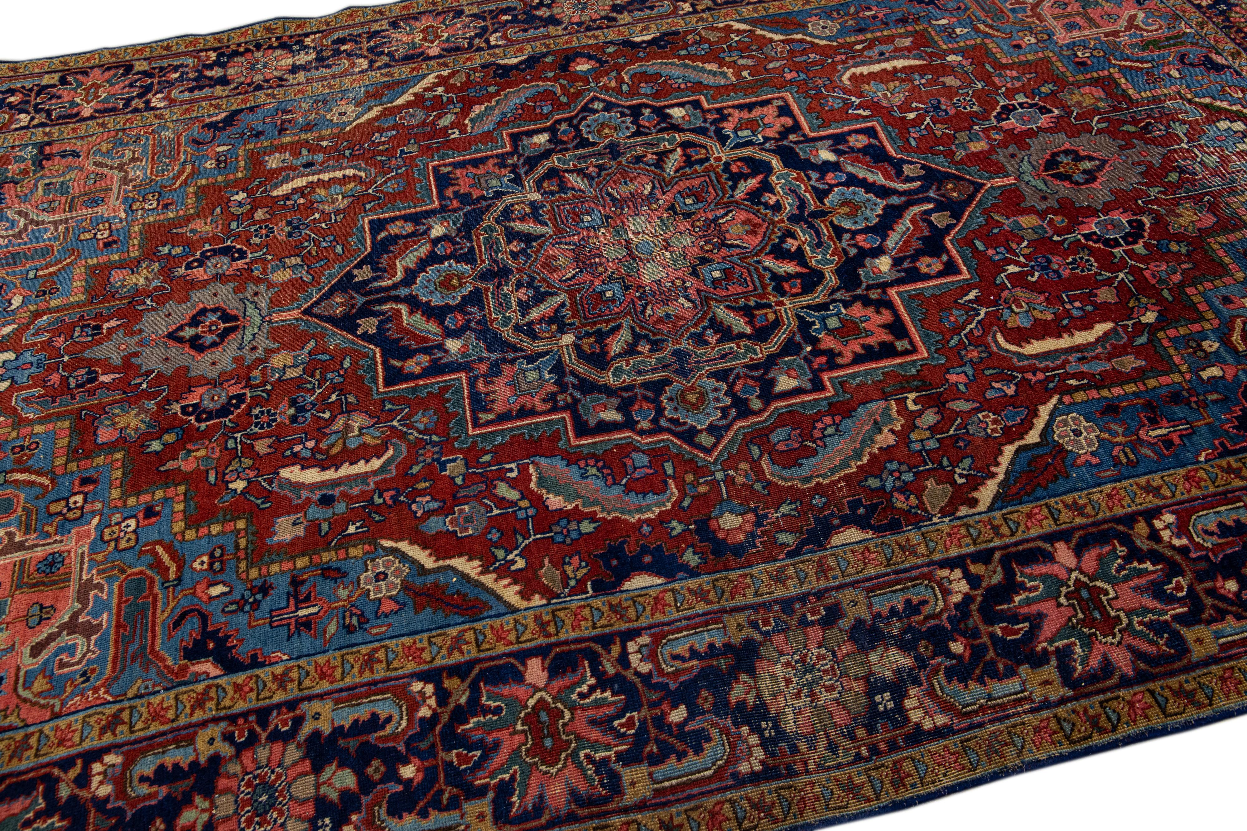 Antique Persian Heriz Handmade Allover Motif Red Wool Rug For Sale 2