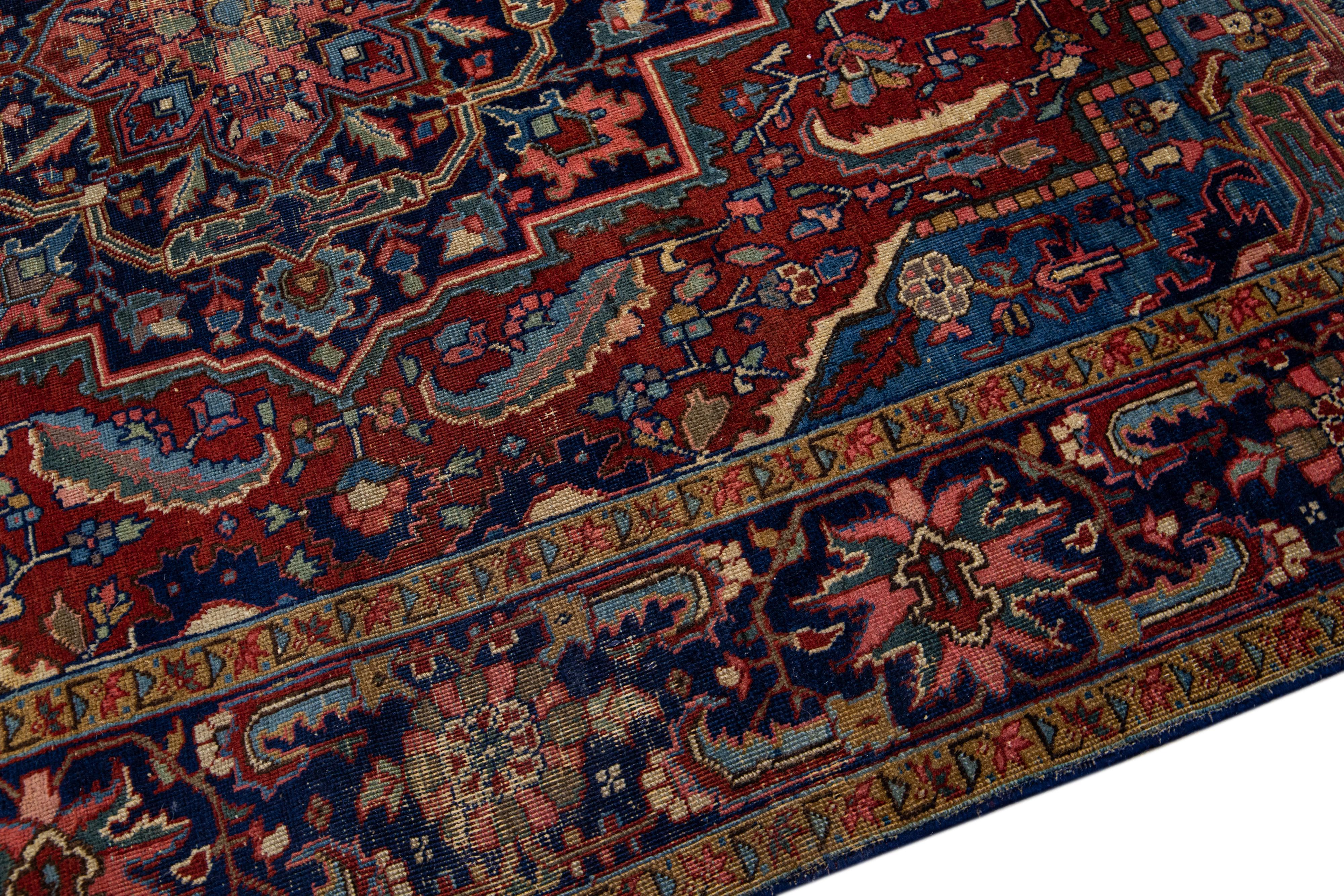 Antique Persian Heriz Handmade Allover Motif Red Wool Rug For Sale 3