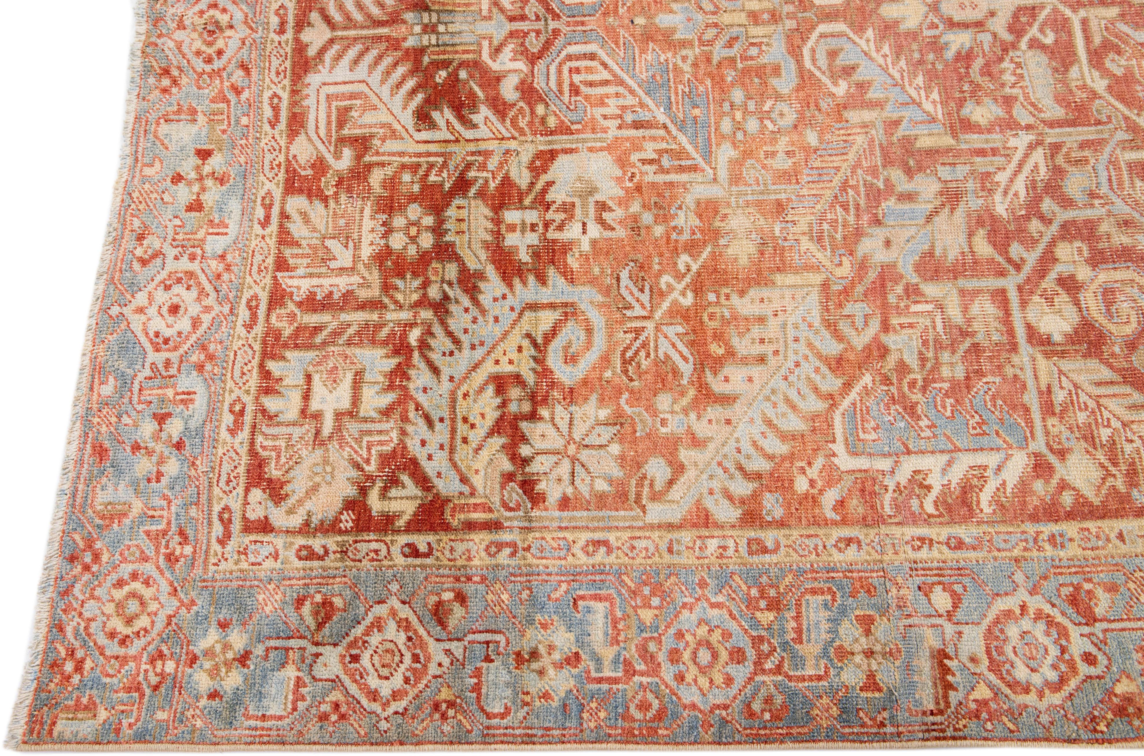Hand-Knotted Antique Persian Heriz Handmade Allover Motif Rust & Blue Wool Rug For Sale