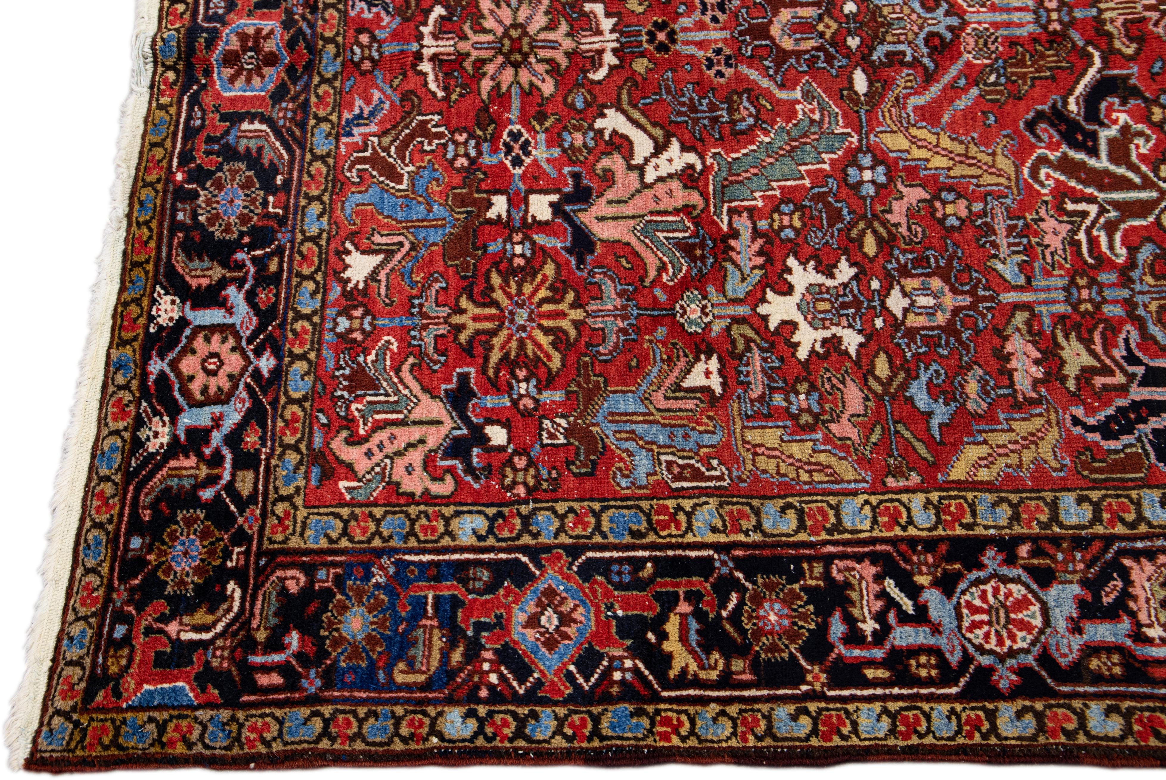 Heriz Serapi Antique Persian Heriz Handmade Allover Pattern Red Wool Rug  For Sale