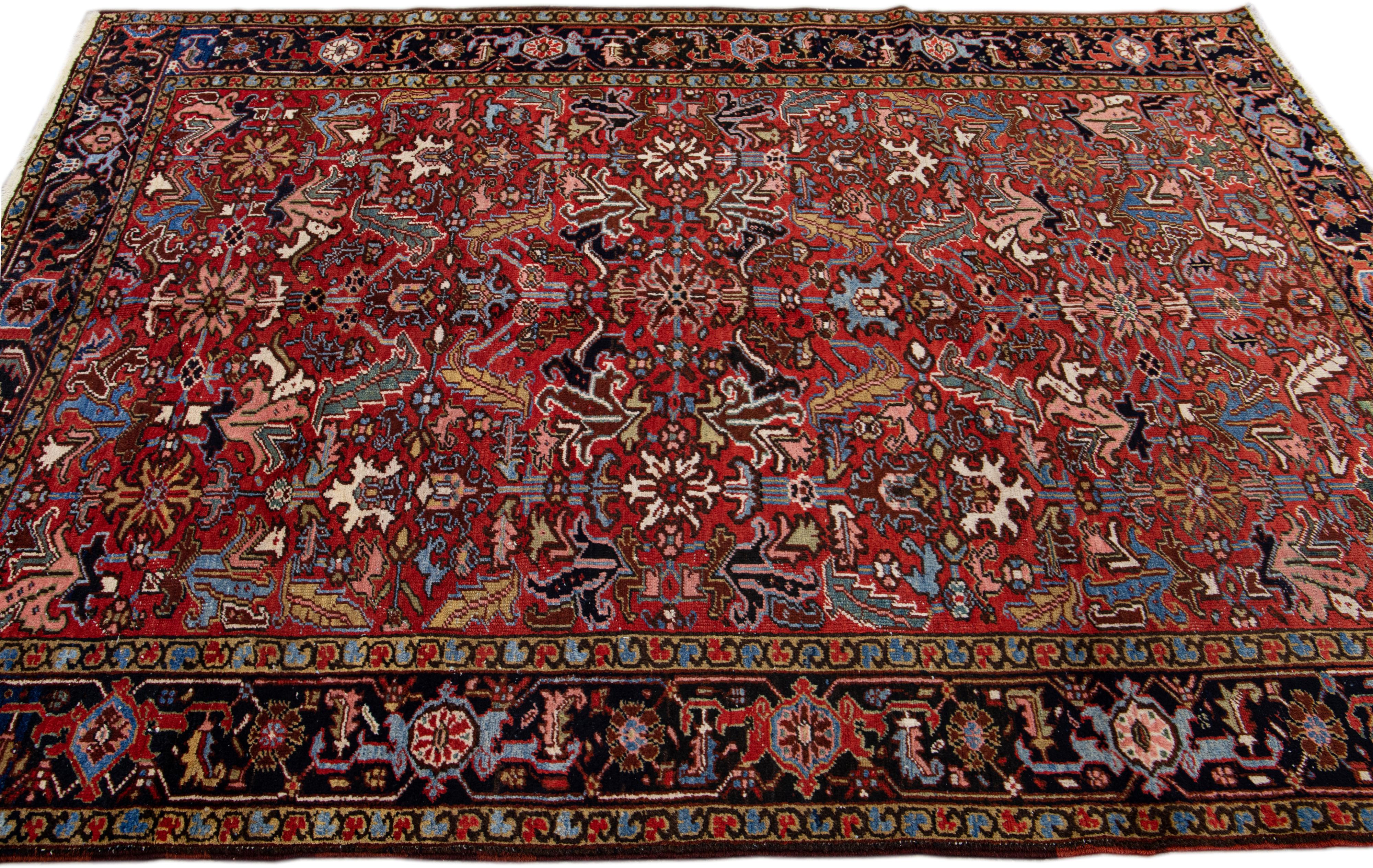 Hand-Knotted Antique Persian Heriz Handmade Allover Pattern Red Wool Rug  For Sale