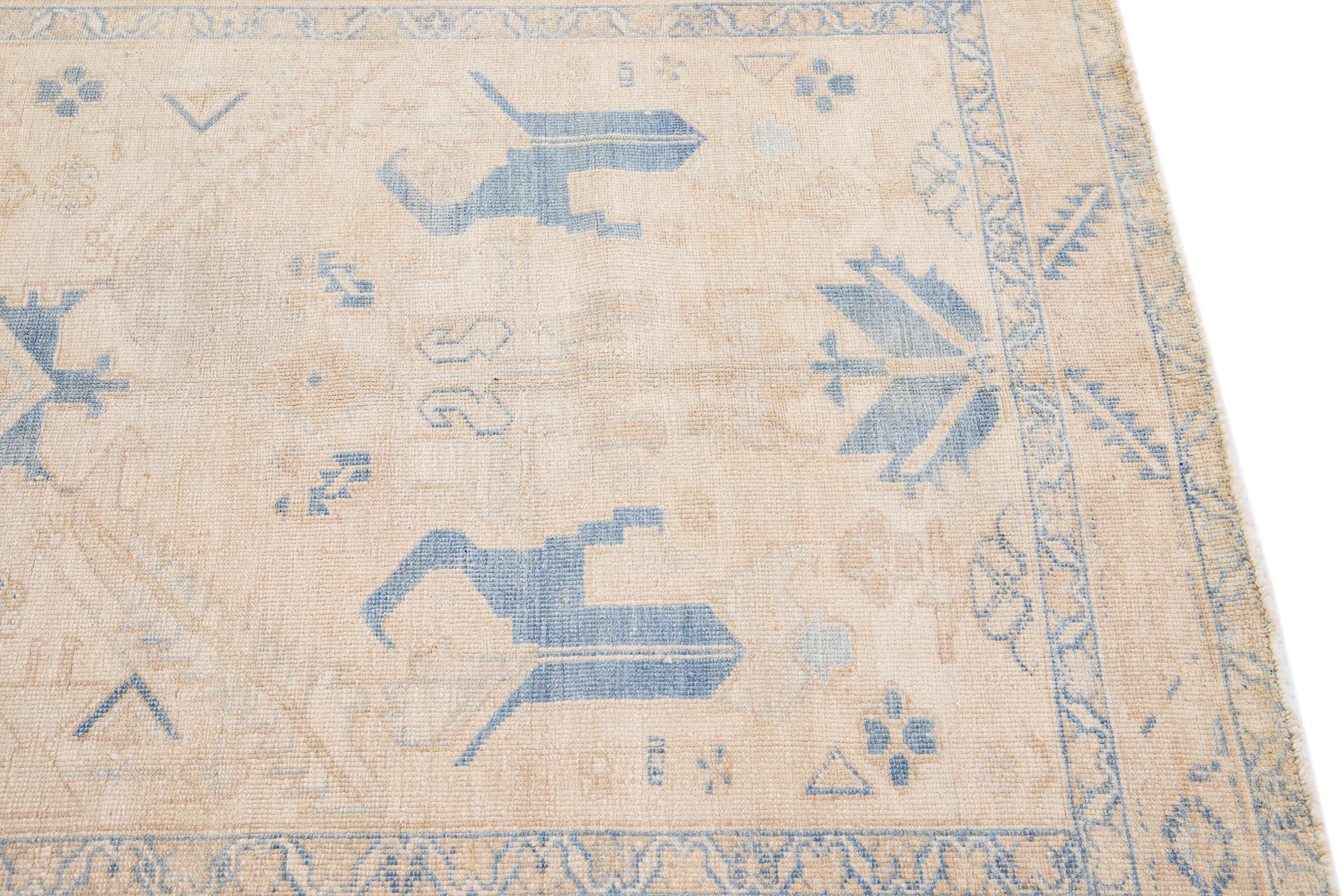 Antique Persian Heriz Handmade Beige & Blue Wool Rug with Geometric Design For Sale 1