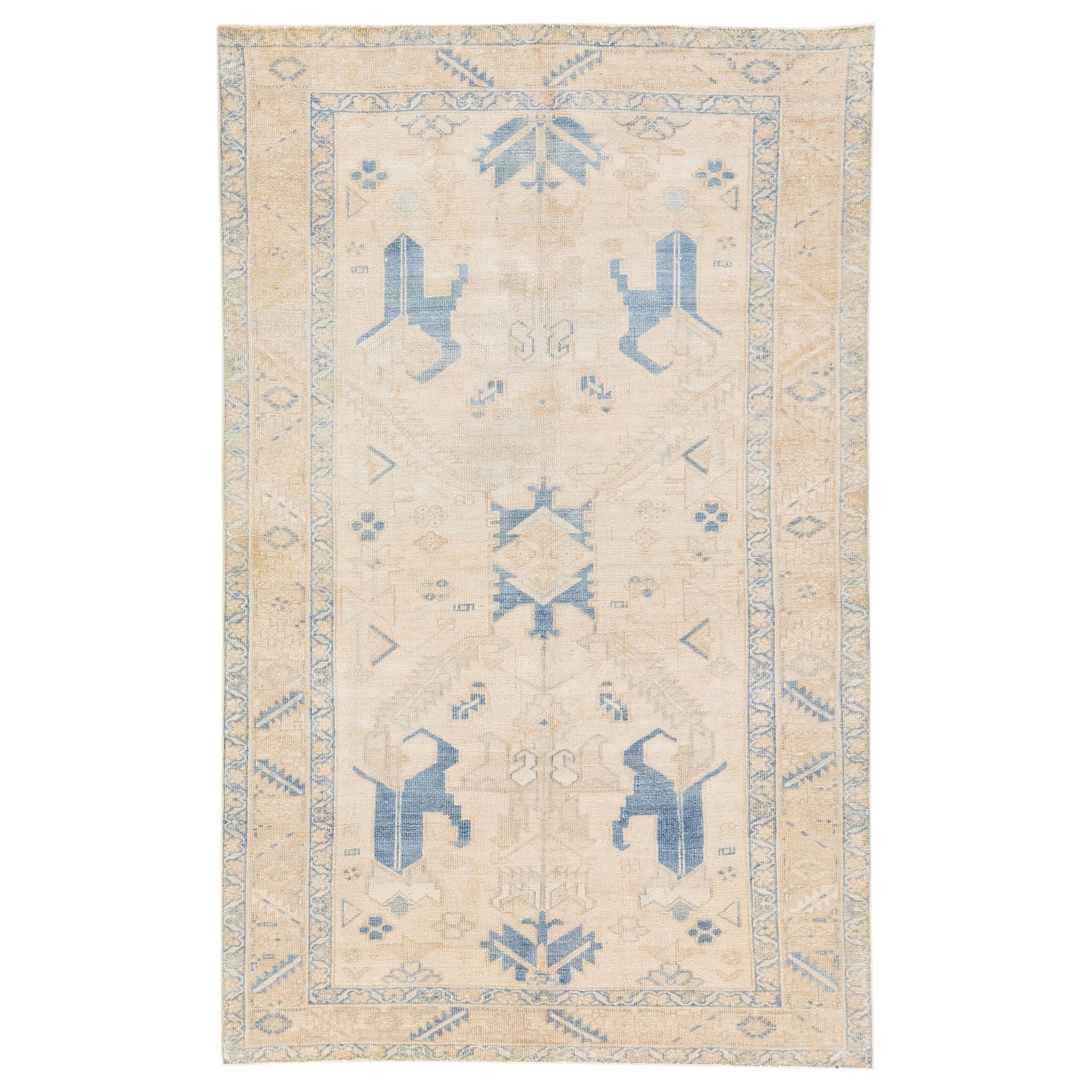 Tapis persan ancien Heriz en laine beige et bleu, fait à la main, avec motif géométrique