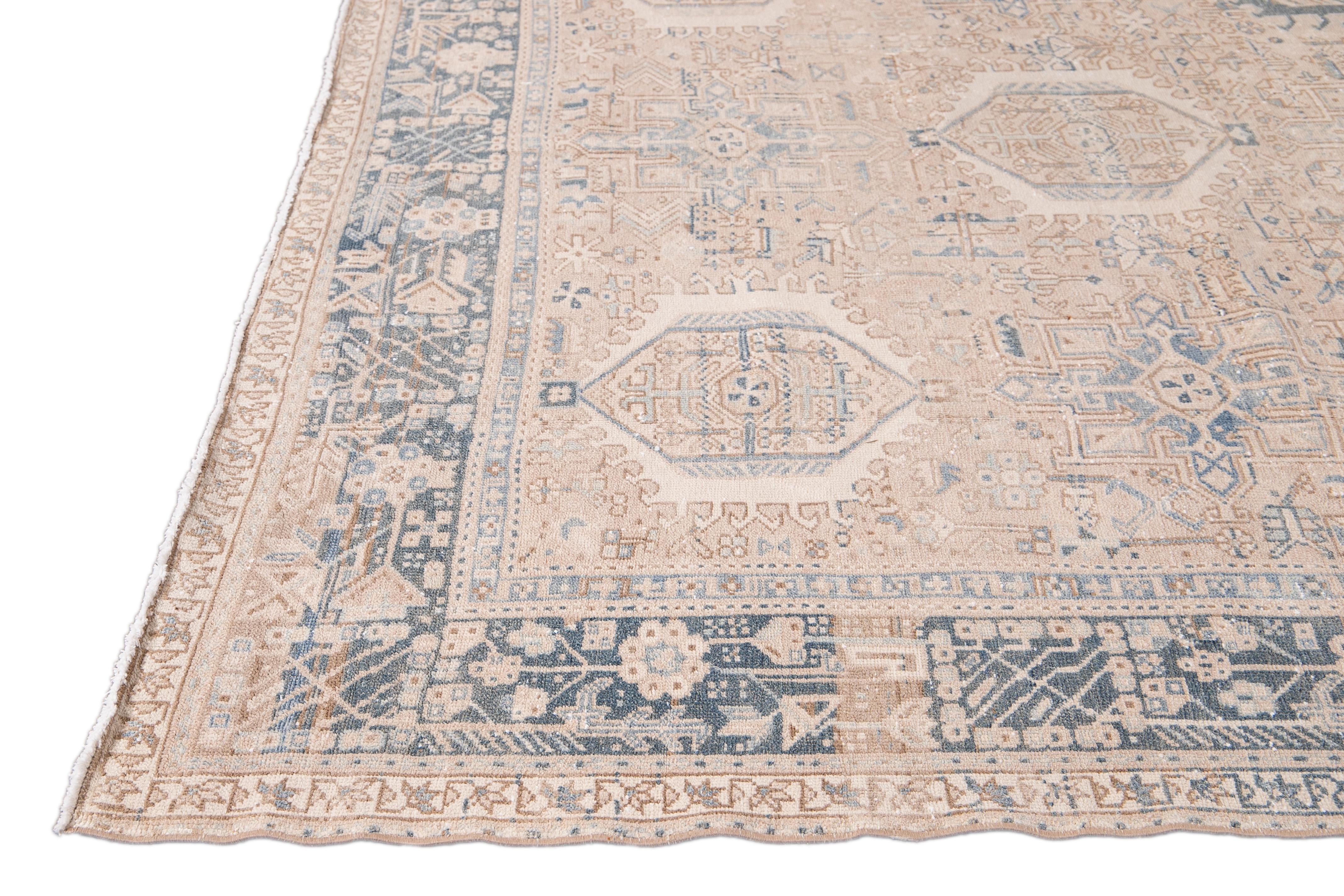 Hand-Knotted Antique Persian Heriz Handmade Beige Multi- Medallion Wool Rug For Sale